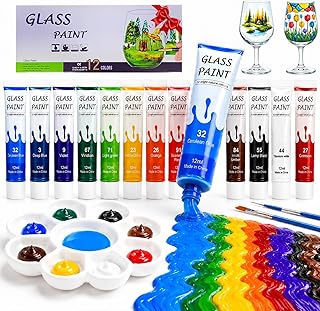 Magicdo Professional Acrylic Glass Paint Stained Transparent Glass Window Paint Set Great for Glass Painting Wine Glasses Light Bulbs Ceramic Non-Toxic Waterproof Acrylic Enamel Paint Kit for Christmas Art Decor(12 Colors / 5.04 Oz)
