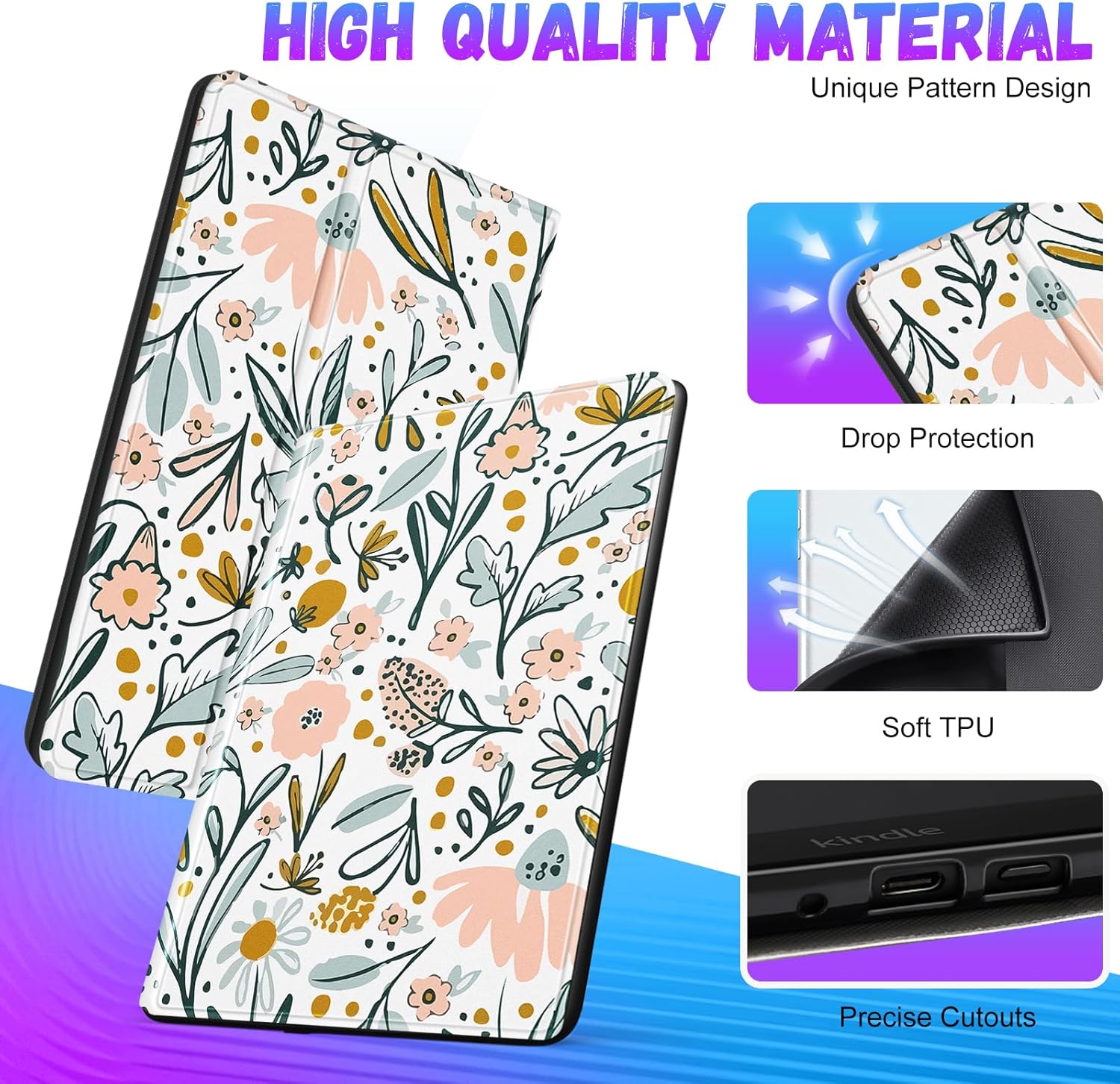 Uppuppy for Kindle Paperwhite 11th Generation Case 6.8 Inch 2021 / Paperwhite Signature Edition Cute Women Girls Teen Unique Floral Flowers Folio Fabric Paper White Cover with Auto Sleep/Wake E-Reader