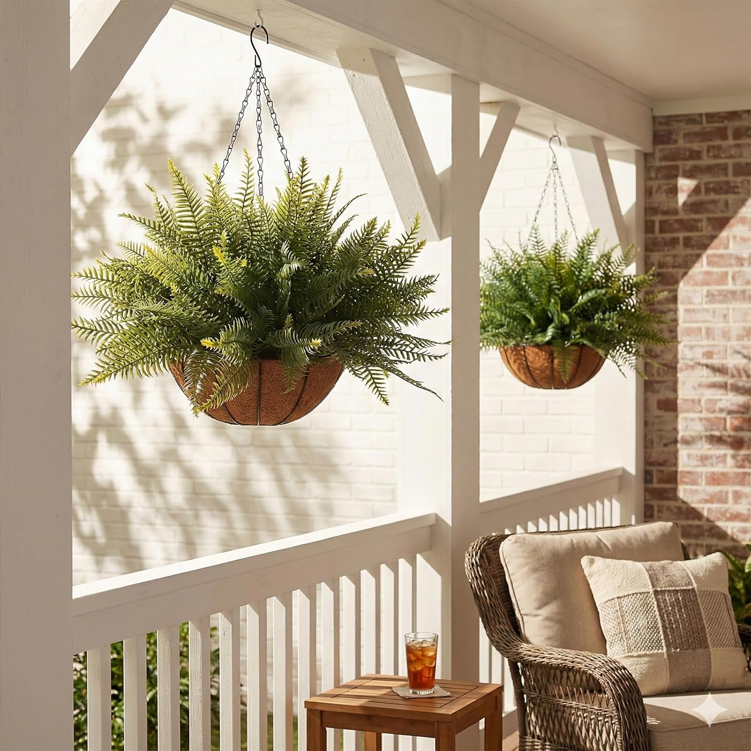 Fake Ferns Hanging Baskets,2PCS Artificial Hanging Plants Outdoor, 2 Hanging Planters with 24 Pcs Fake Ferns for Indoor Outside Decorations for Front Porch Garden Balcony Patio Home Decor (2, Green)