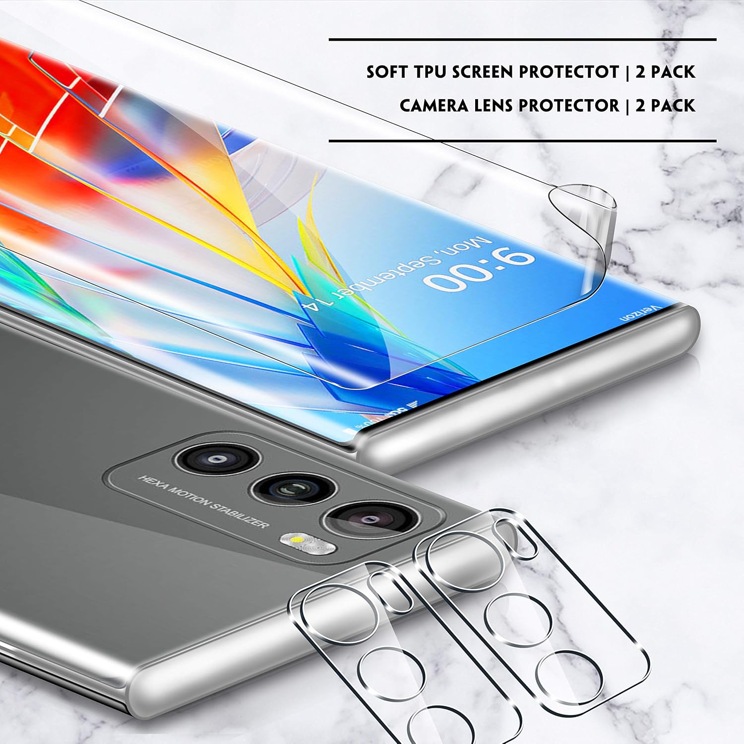 [ 2+2 Pack ] UniqueMe 2 Pack TPU Soft Screen Protector + 2 Pack Camera Lens Protector Tempered Glass for LG Wing 5G,[Anhydrous adsorption] Flexible Film HD TPU Clear Anti-Scratch Film