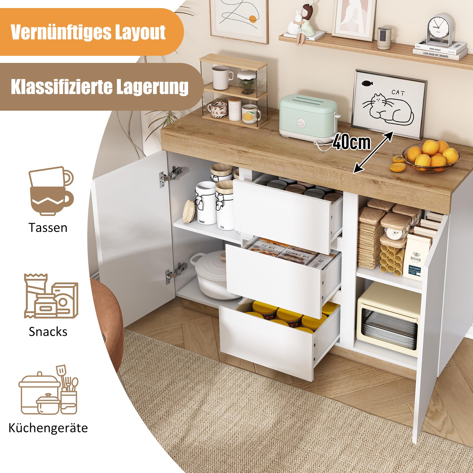 Merax Buffet de cuisine avec 3 tiroirs et 2 portes pour cuisine, buffet avec plan de travail, pour salle à manger, salon, style maison de campagne, blanc et chêne, 120 x 40 x 82 cm
