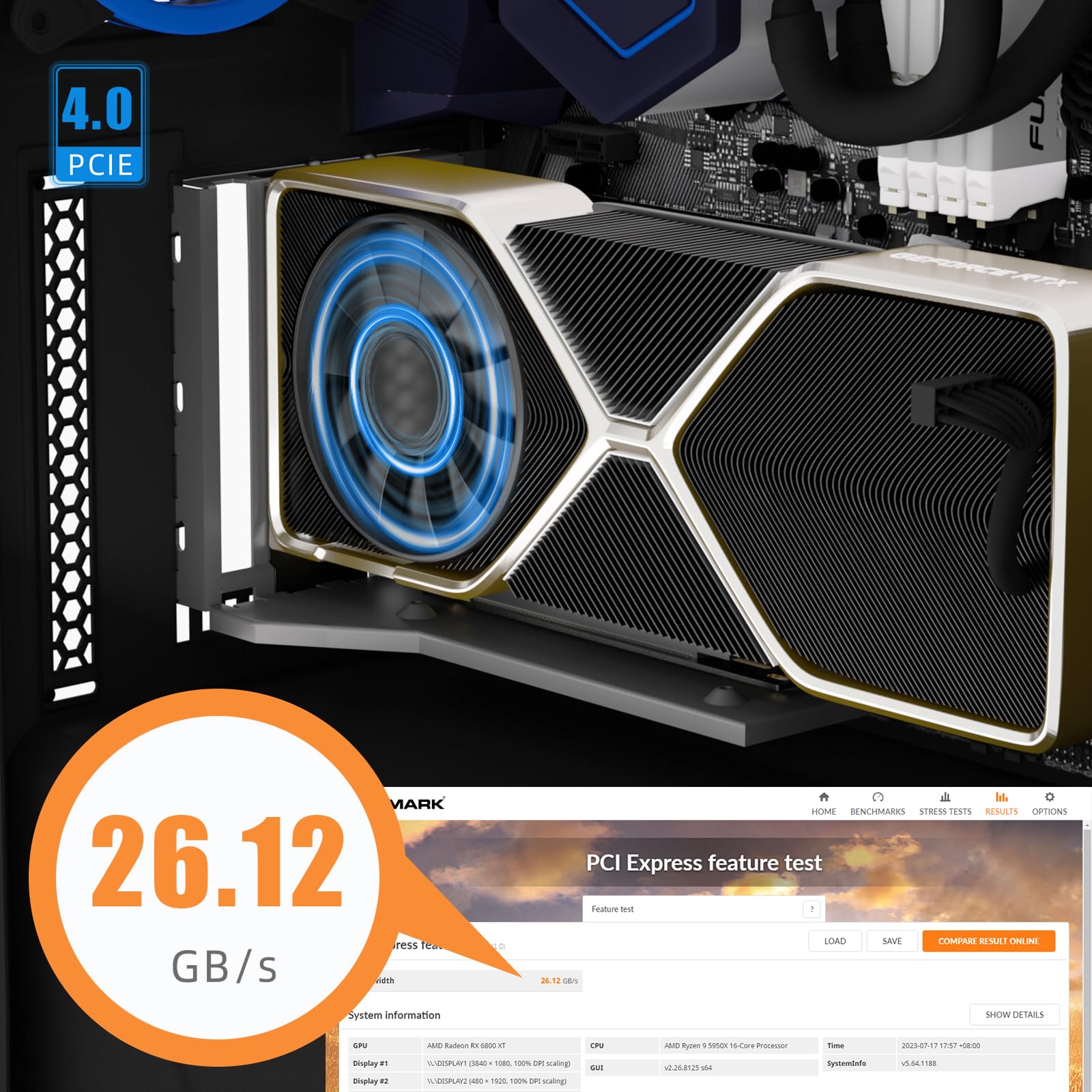 GLOTRENDS Staffa di supporto per GPU a 3 slot con Cavo Riser PCIe 4.0 150 mm per Montaggio Verticale GPU, Compatibile con serie RTX 40/30 e Radeon RX7000/RX6000, PC Cases with Open PCI 7/8-slot Design