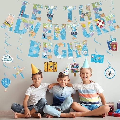 Miniatura 3 de Cartel de decoración de fiesta temática de viaje global Let The Adventure Begin, banderines colgantes para jubilación, suministros de accesorios de