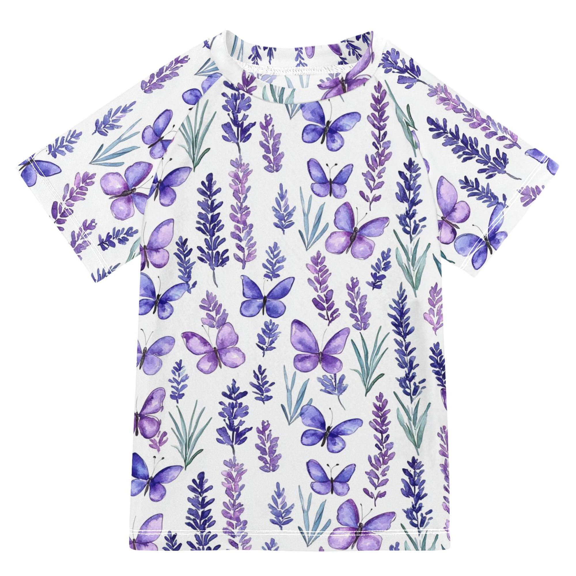 Lavender Flowers Butterflies Bathing Suit Girls Sun Protection Girls Rash Guard Swimwears Shirts for Teen Boy 5-6T