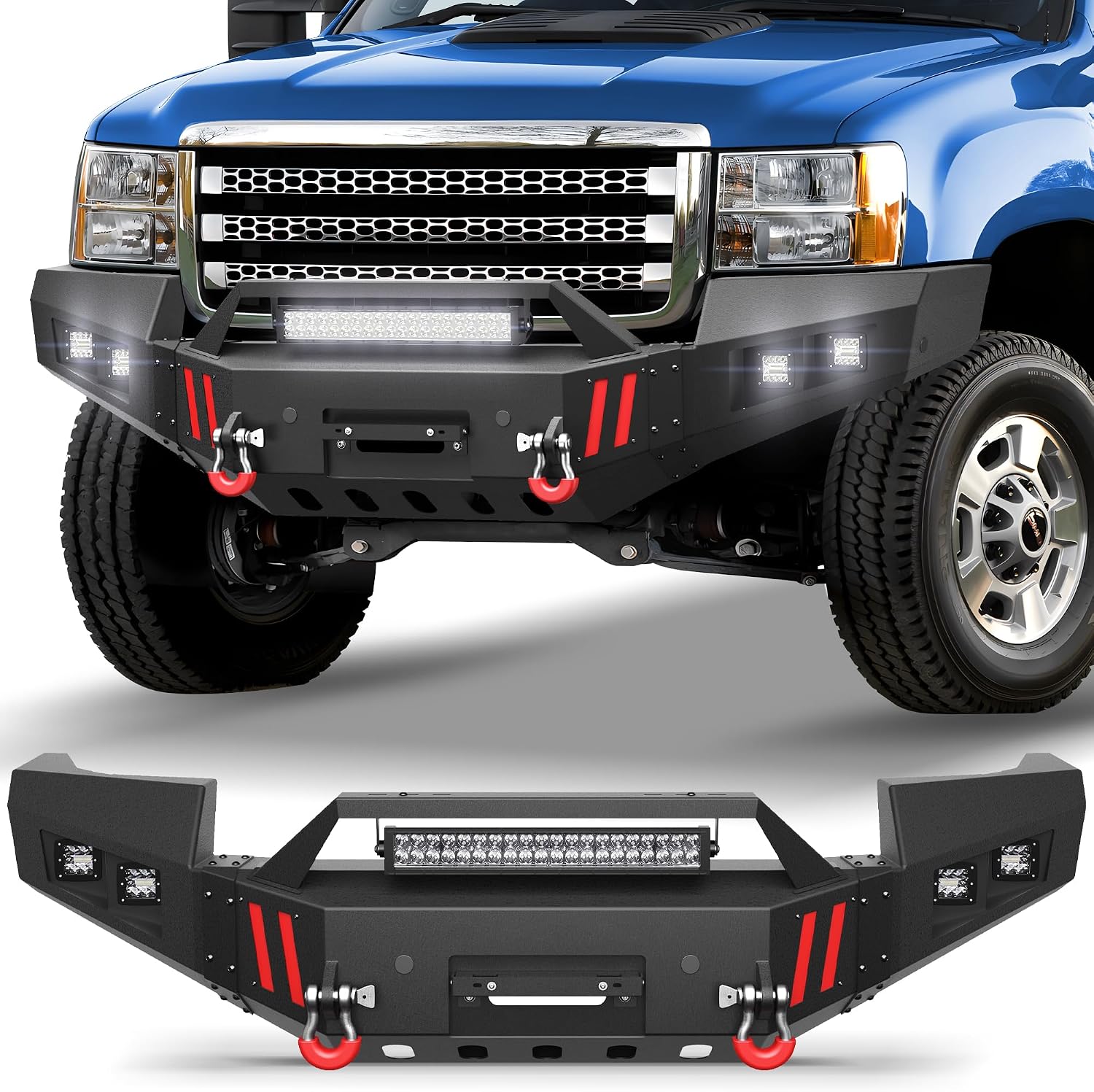 11-14 GMC Sierra 2500/3500 Front Bumper Full Width Offroad Bumper w/Winch Plate, 144W Light Bar, 4x18w Lights, D-rings, License Plate Bracket for 2011-2014 GMC Sierra 2500/3500 Pickup Trucks