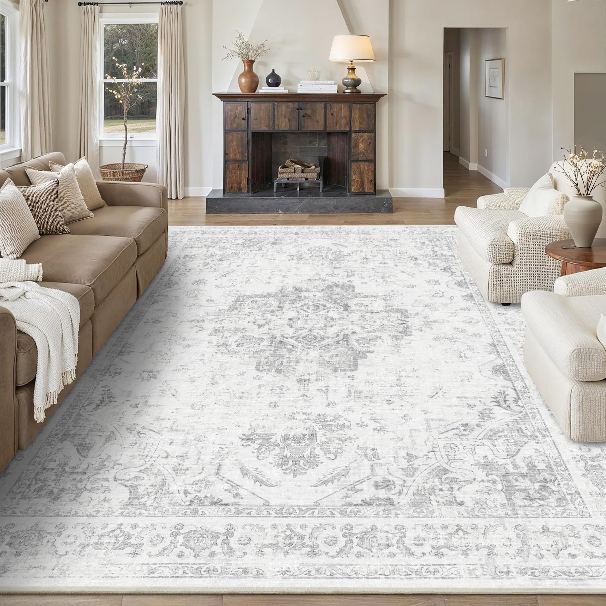 8x10 Vintage Washable Area Rugs Boho Medallion Large Distressed Retro Accent Carpet Floral Non-Slip Soft Low Pile Indoor