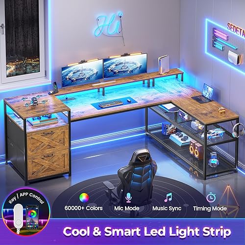 Miniatura 6 de SEDETA Escritorio en forma de L de 67 pulgadas con cajones, escritorio de oficina para computadora con estantes de almacenamiento y toma de Marrón