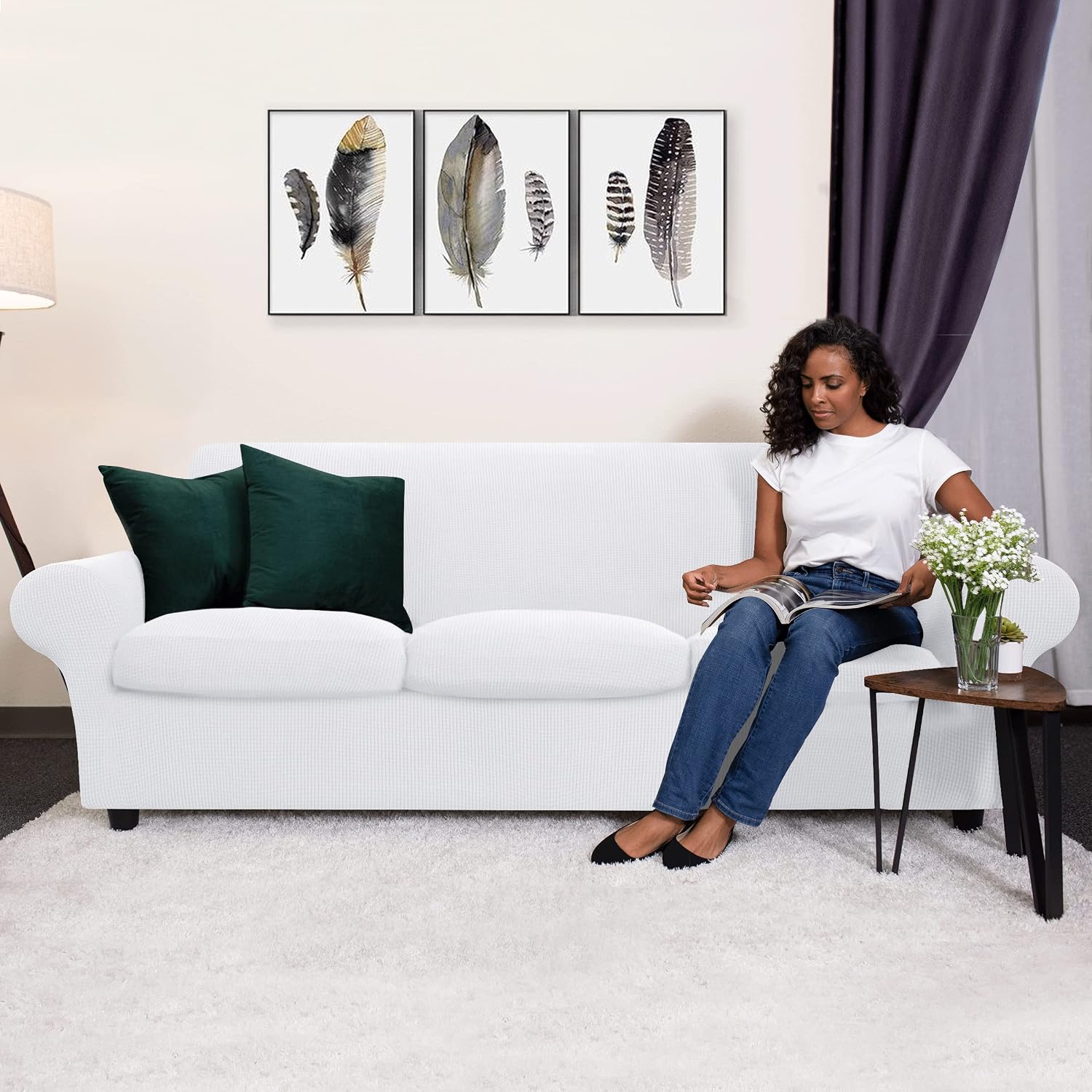 CHUN YI 3 Pieces Stretch Loveseat Sofa Cover for 2 Seater Couch, Washable Soft Sofa Slipcover with 2 Separate Seat Cushion Covers for Dogs, Checks Spandex Jacquard Fabric, Medium, White