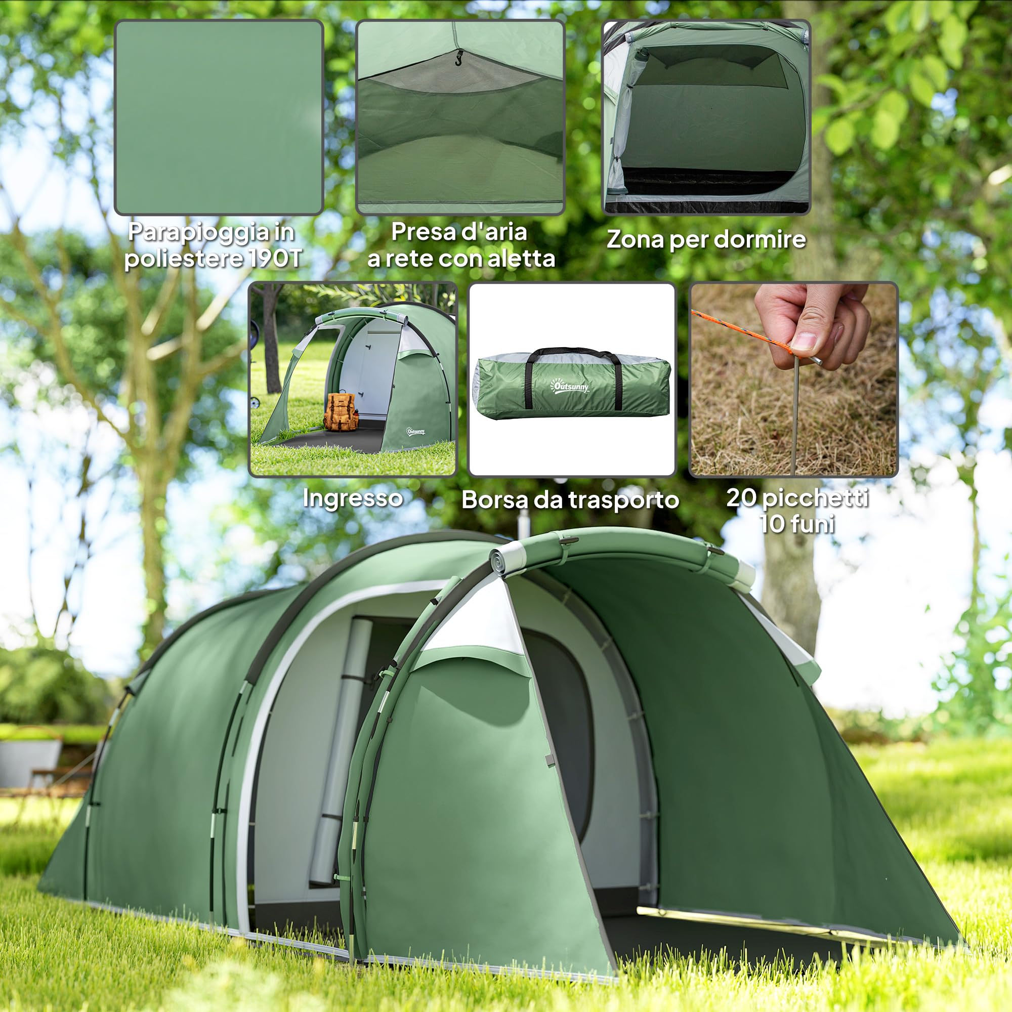 Outsunny Tenda Campeggio a Tunnel per 2-3 Persone, Tenda Campeggio Familiare 3 Posti con Zona Soggiorno e Camera da Letto, Porte, Finestre Laterali e Borsa di Trasporto, 426x206x154 cm