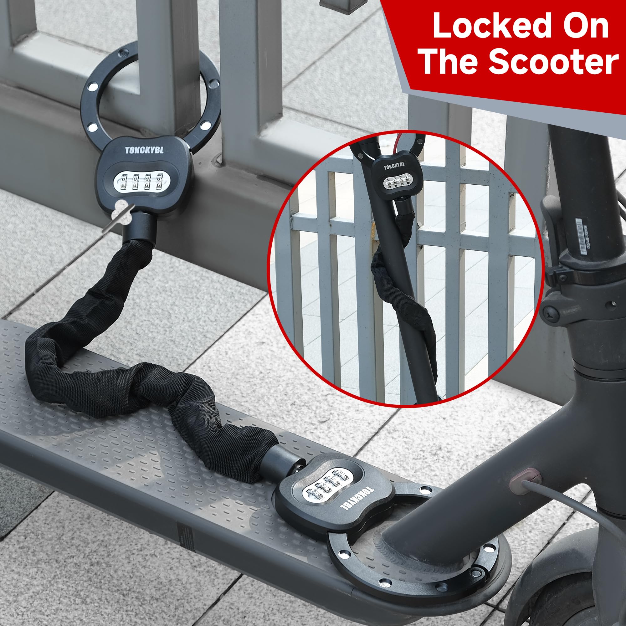 Robustes Rollerschloss – 8 mm Anti-Diebstahl-Kettenschloss mit 3 Schlüsseln, 94 cm wetterfestes Sicherheitsschloss für Elektroroller, Fahrräder, Motorräder, Schwarz, 37 IN