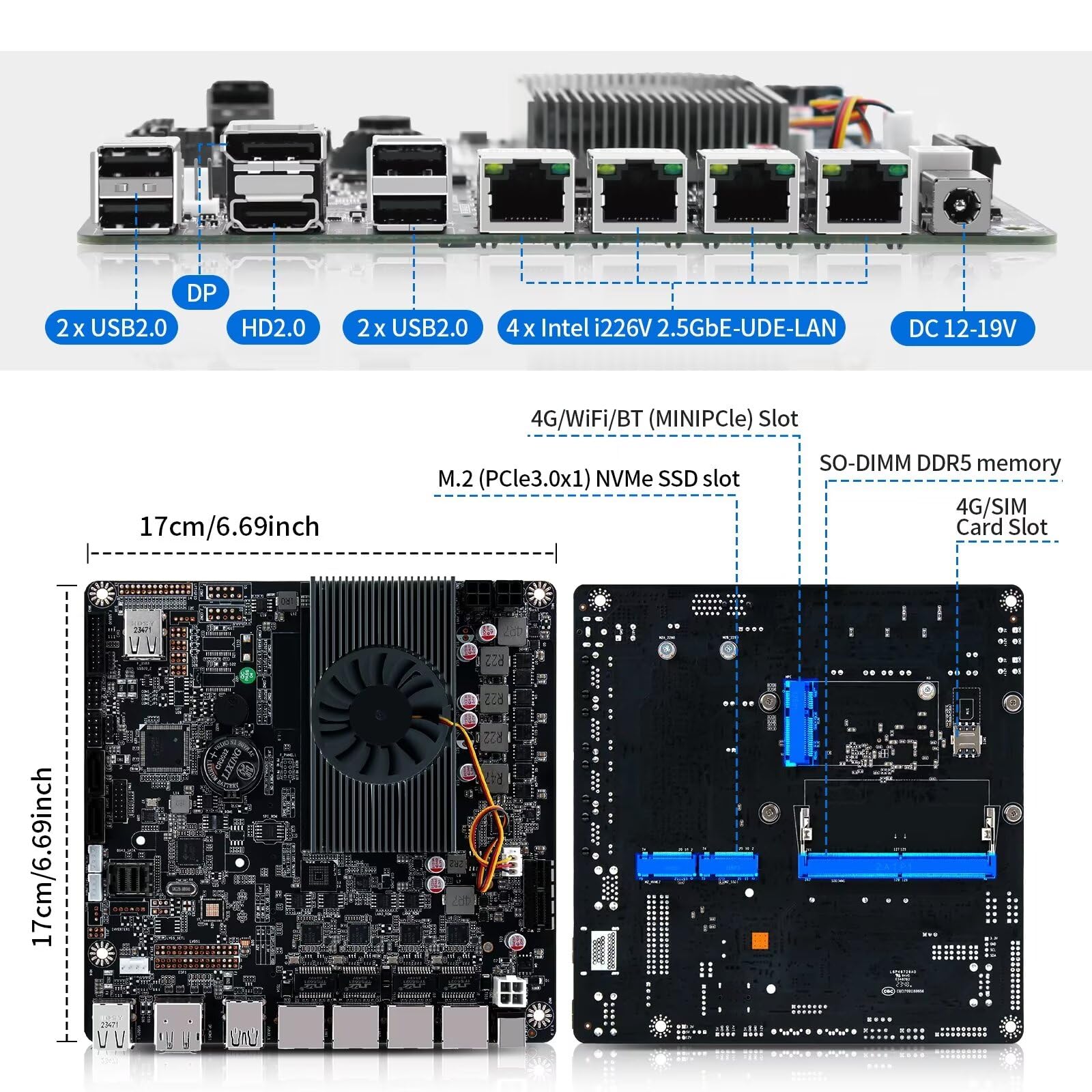 CWWK NAS Motherboard 8 Bay Avec 10GbE RJ45 LAN, N150 CPU Mini ITX Carte Mère Blanc M8 (N100 Upgrade), 2 X NVMe, Dual 2.5Gb Ethernet, M.2 WiFi, USB-C, DDR5 NO RAM/SSD, PCIe