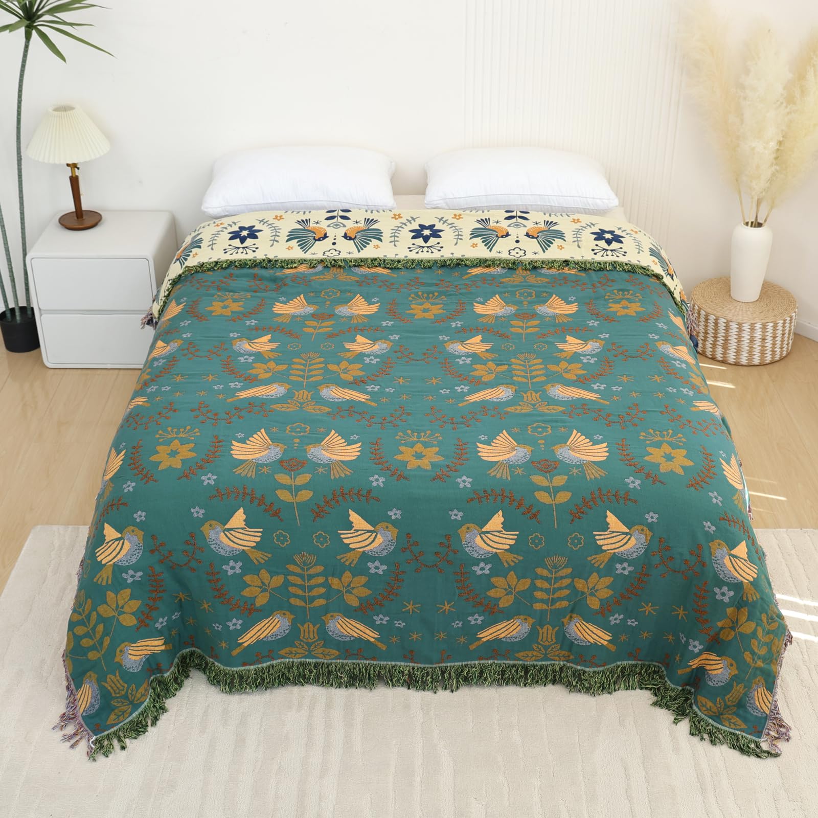 Couverture bohème pour lit et grand canapé d'angle motif oiseau d'automne