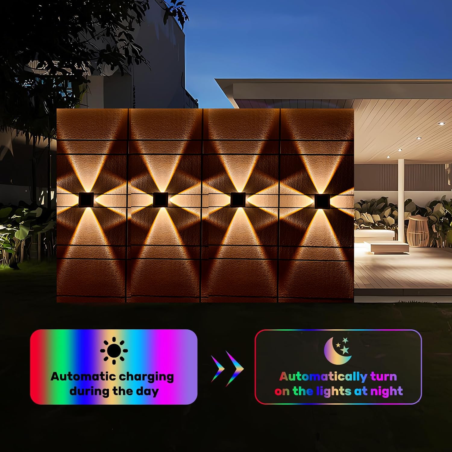 Luces solares de pared para exteriores, iluminación arriba y abajo, impermeable IP65, luz de valla para patio, jardín, garaje, piscinas, cubierta (4 LED, multicolor, paquete de 2)