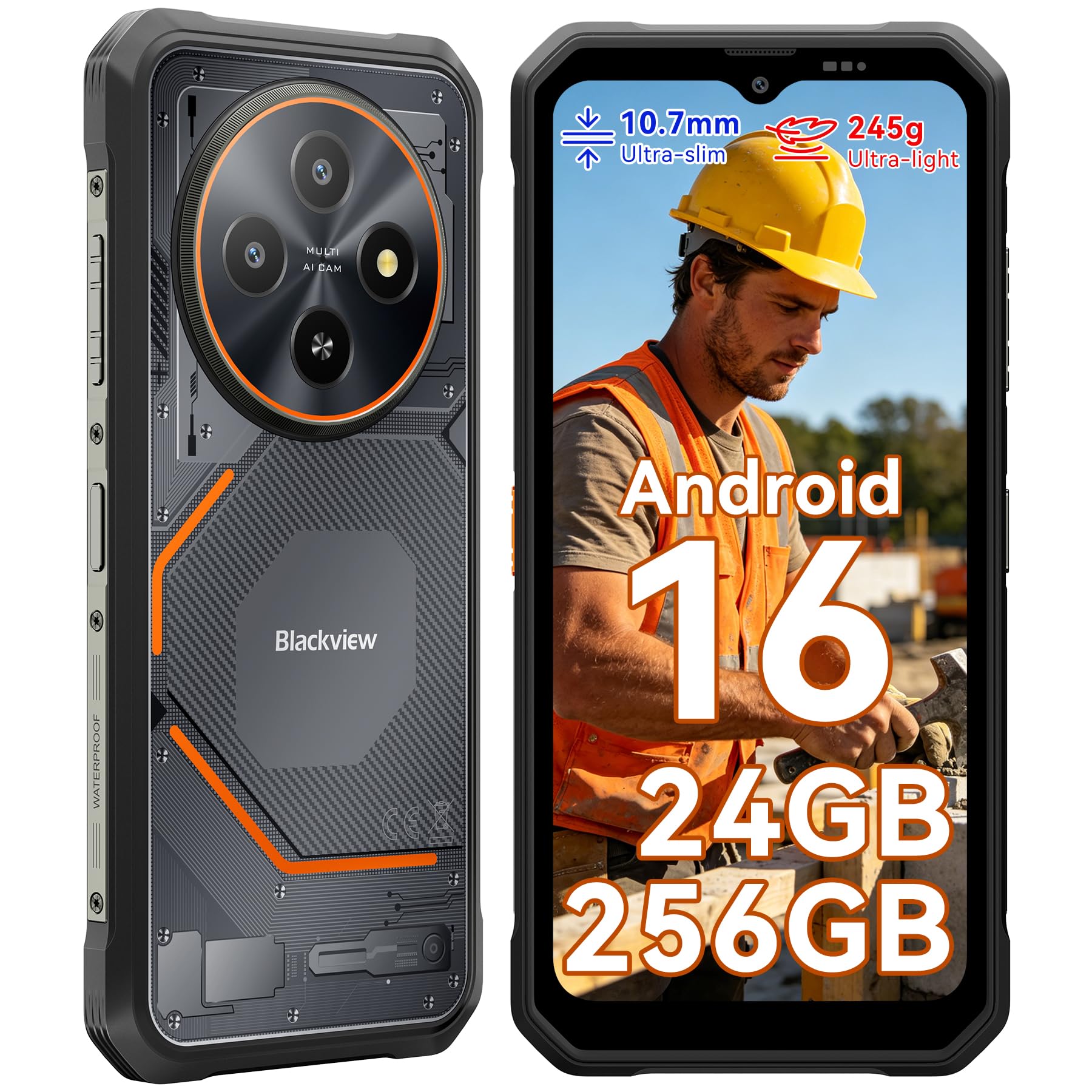 Blackview Téléphone Portable Incassable Android 16, 10.7mm/245g, 24GB+256GB/2TB Téléphone Incassable, Étanche IP69K, 6.56" HD+90Hz, 16MP + 13MP, 4G Dual SIM/NFC/Fingerprint/GPS/OTG/3 Ans Garantie