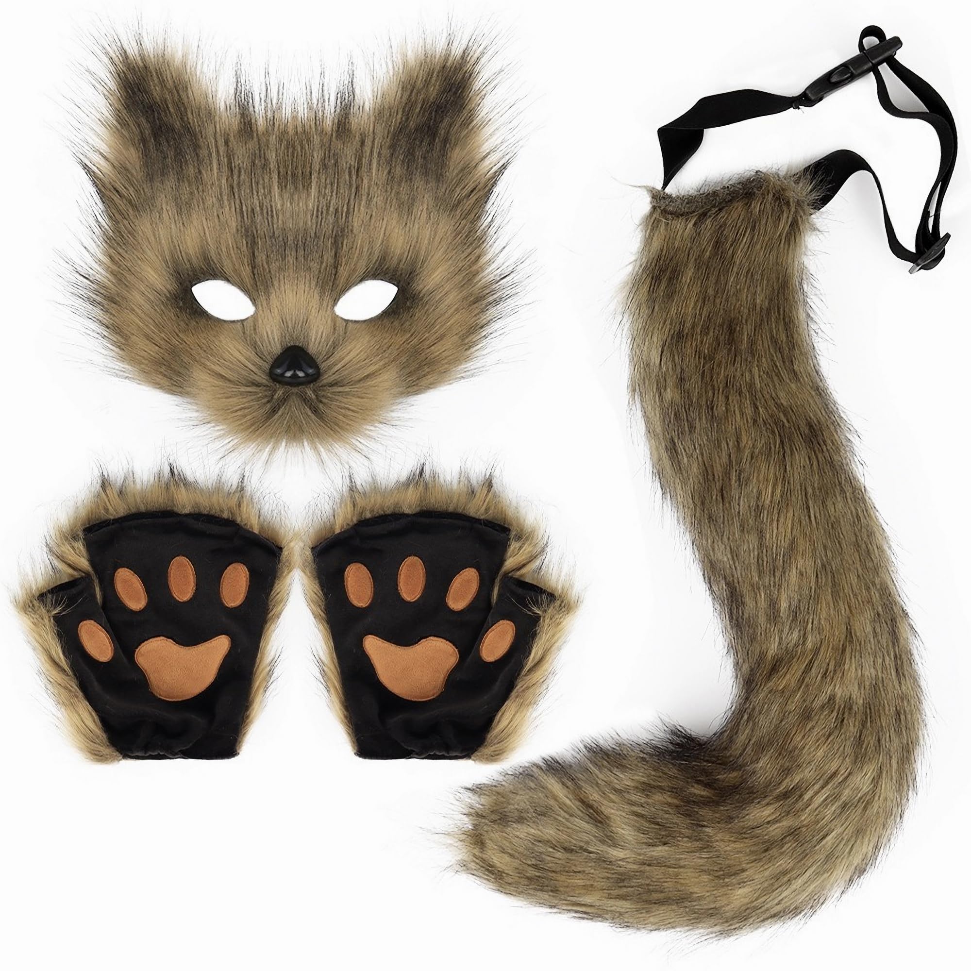 Therian Mask Tail Gloves Paw Set Animal Gear Cat Fox Wolf Masks Dress Up Cosplay Party Women Furry Faux Fur Fingerless (Grass Yellow)