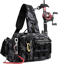 Fishing Tackle Storage Bag   Sling Waist Pack with Adjustable Widen Shoulder Straps, 12 Compartments for Fishing Gear, Lures, Hooks & Accessories Lightweight for Outdoor Anglers, Camouflage Black