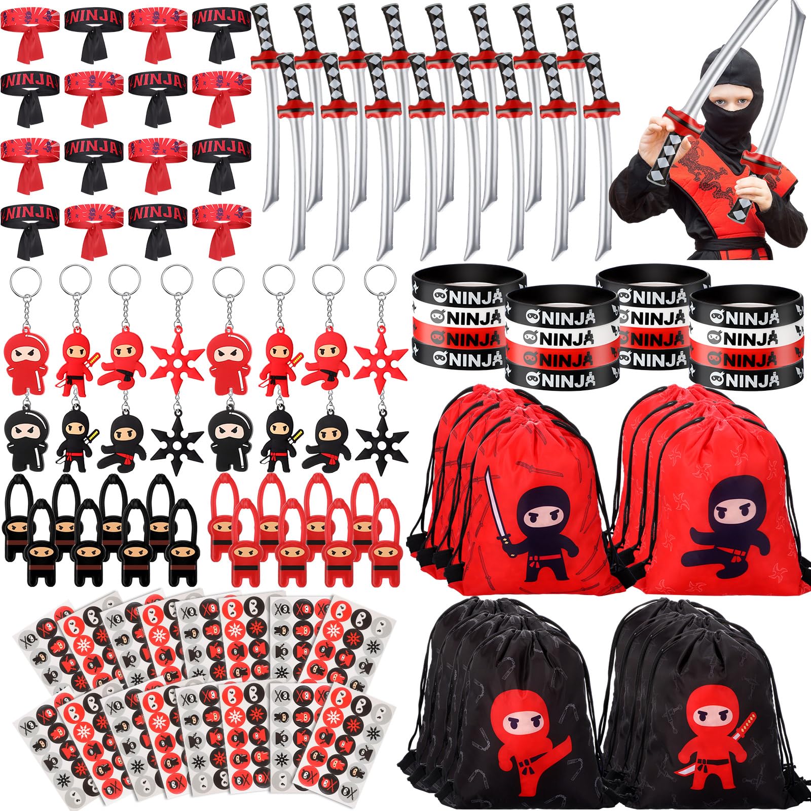 Tondiamo 112 Pcs Ninja Pirate Party Favors with Drawstring Backpack Headband Inflatable Sword Bracelet Sticker Keychain Stretch Ninja or Pirate Eye Mask For Ninja Karate Pirate Birthday (Ninja Style)