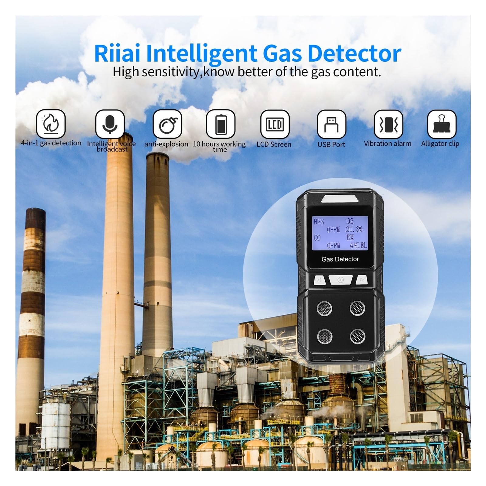 Detector De Gases Portátil Recargable 4, Monitor Multigás, Analizador Calidad del Aire, Medidor En 1 Alta Precisión (O2, H2S, CO)
