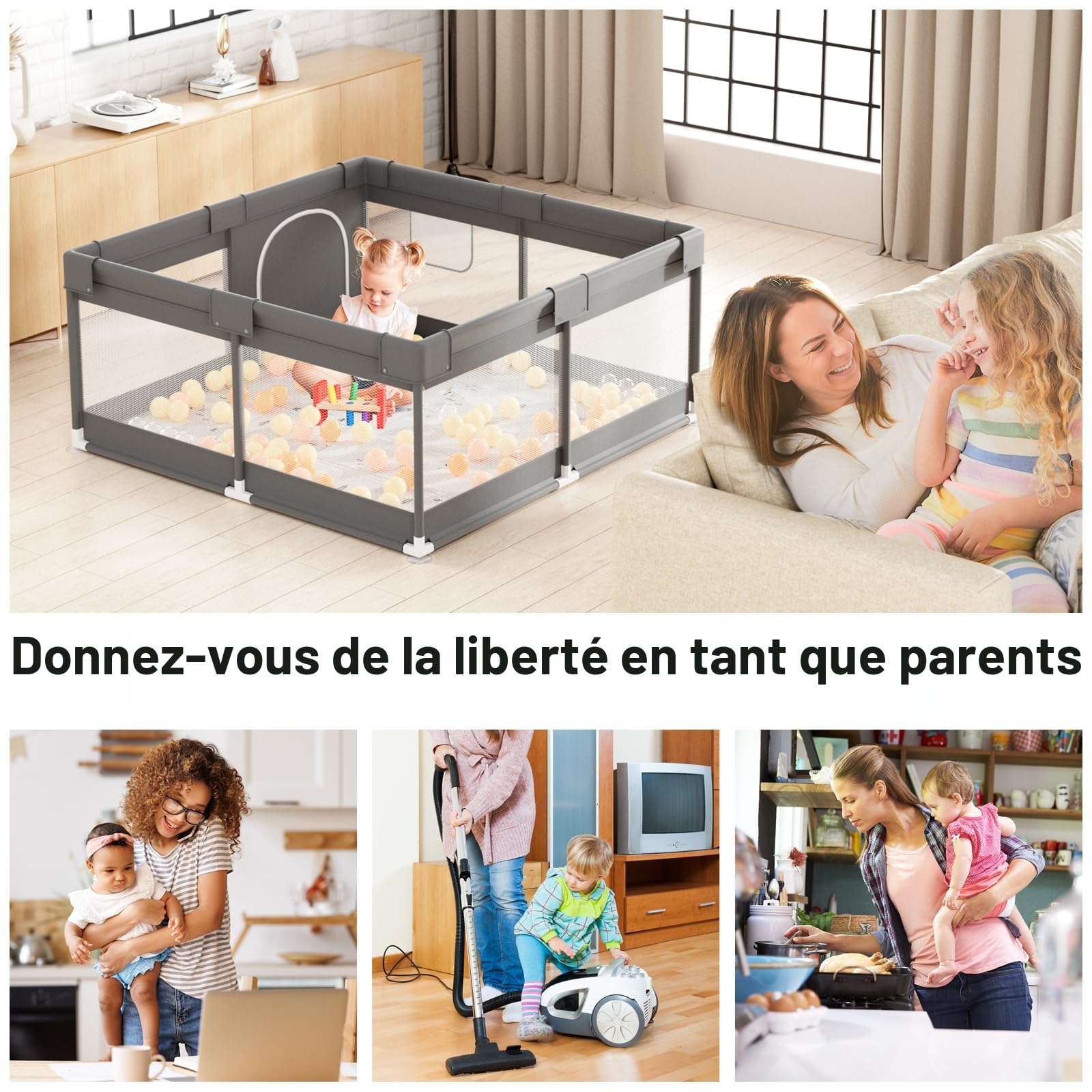 Mloong 120x120cm Parc Bébé avec Tapis et Barrières, en Tissu Oxford, pour Appartement, Gris Foncé