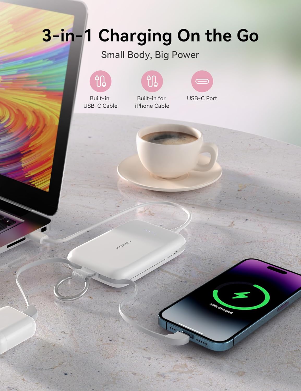 RORRY Portable Charger, 10000mAh PD 30W Fast Charging Portable Charger Power Bank with Built-in Cables, Travel Keychain Charger Battery Pack for iPhone 17/16/15/14/13/12, for AirPods 2/3/4/Pro, Pink - Image 5