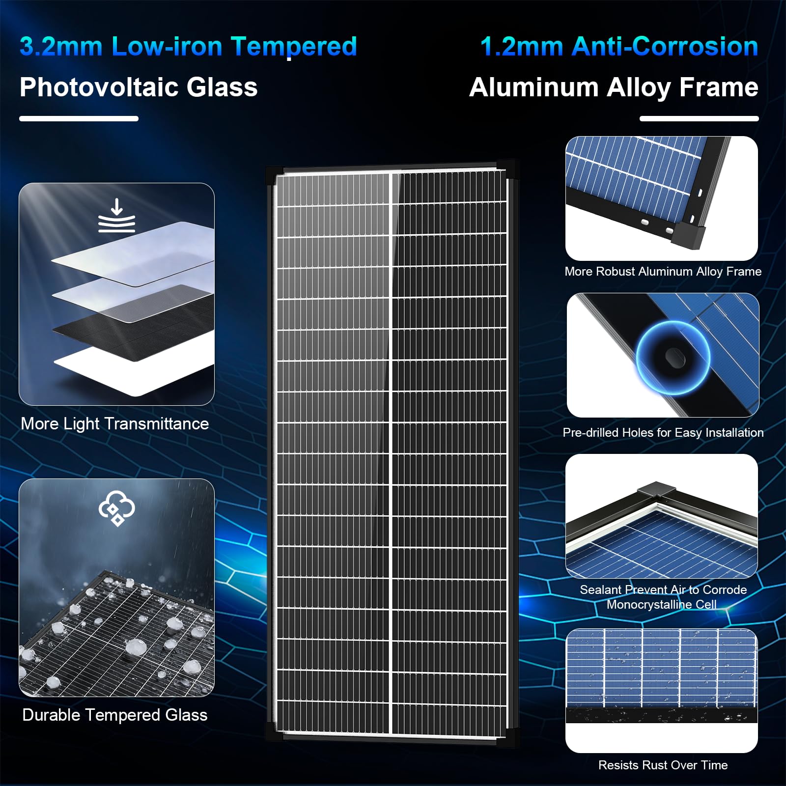 Solarpanel 100W Bifazial N-Typ 12V 18BB A+ Monokristalline Solarmodule, PV-Modul mit IP68, 25% Zelleffizienz für Balkon, netzunabhängige Wohnmobile, Boote, Dach, Camper (101x46cm Bifacial)