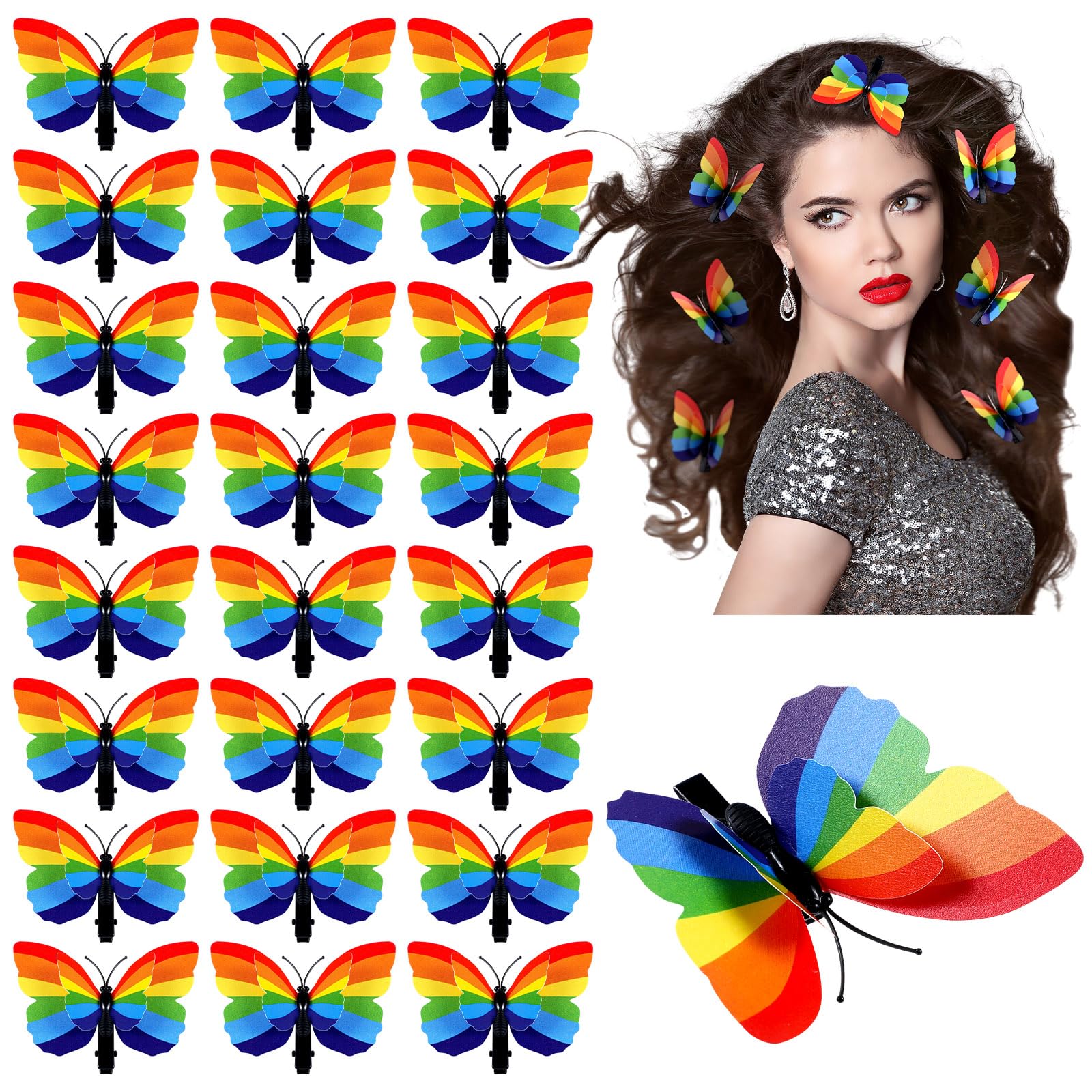 Yuxung 24 Pcs Rainbow Butterfly Hair Clips Headpiece for Women Girls Rainbow Hair Accessories Gay Pride Day Halloween Party Decorations
