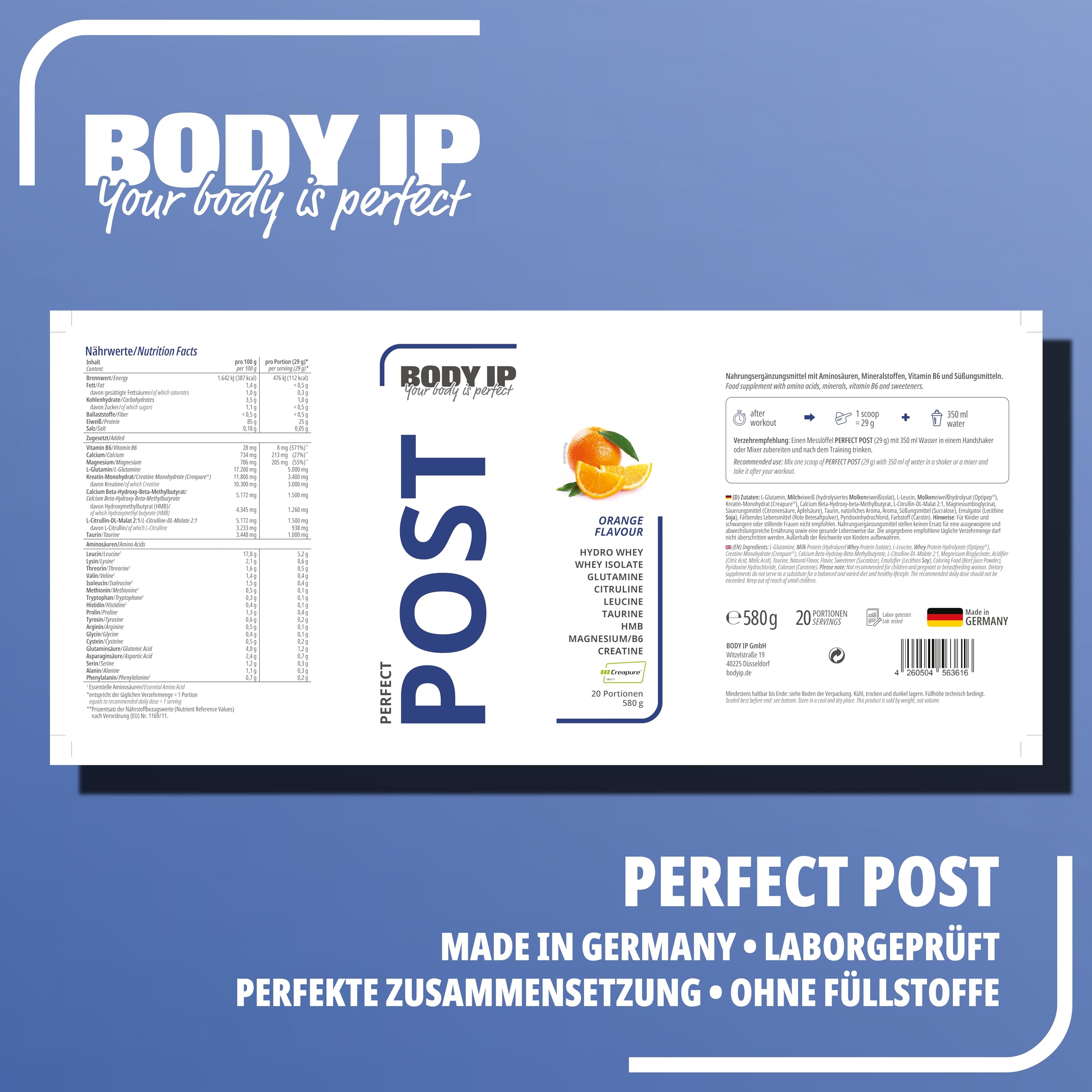 BODY IP Perfect Post 2.0 | Orange | Post Workout Shake 580g | Enthält EAAs, Glutamin, Leucine, Citrullin, Taurin, HMB, Magnesium & Vitamin B6 und 3,4g Creatine Monohydrat pro Portion