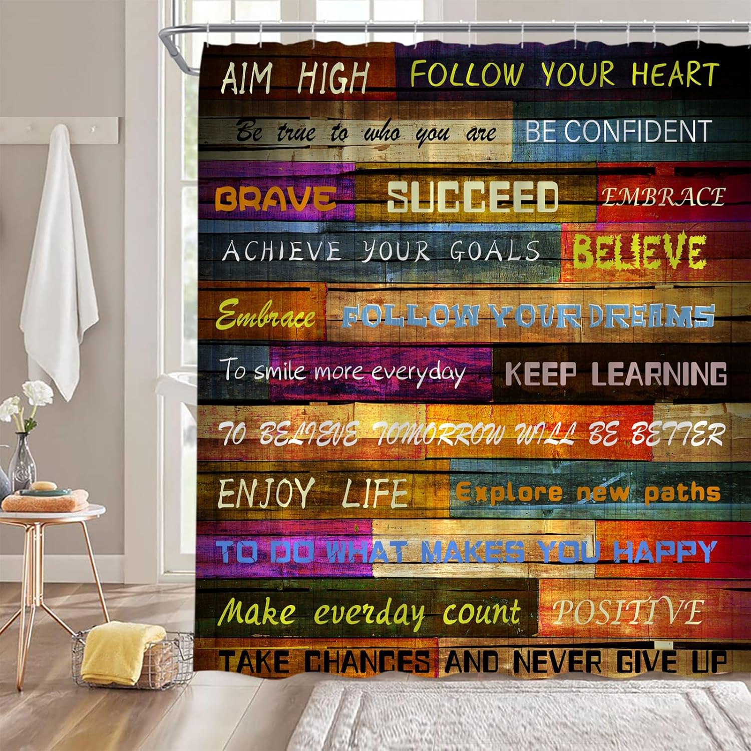 Inspirational Quote Extra Long Shower Curtain for Bathroom Decor,Motivational Words Retro Wooden Board Vintage Plank Motto Brown Fabric Curtain with Hooks,70x84 Inch