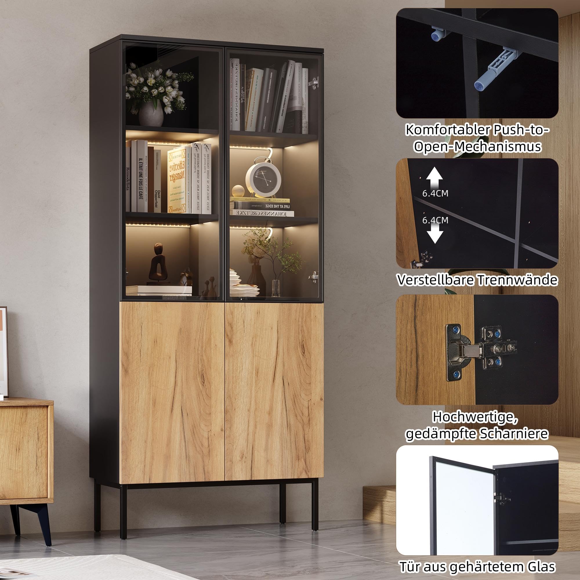 Kebnor Vitrina con puertas de cristal, armario de 180 cm de alto con luces LED, estantería de 5 pisos de cristal para coleccionables, estantería, oficina, color negro y roble