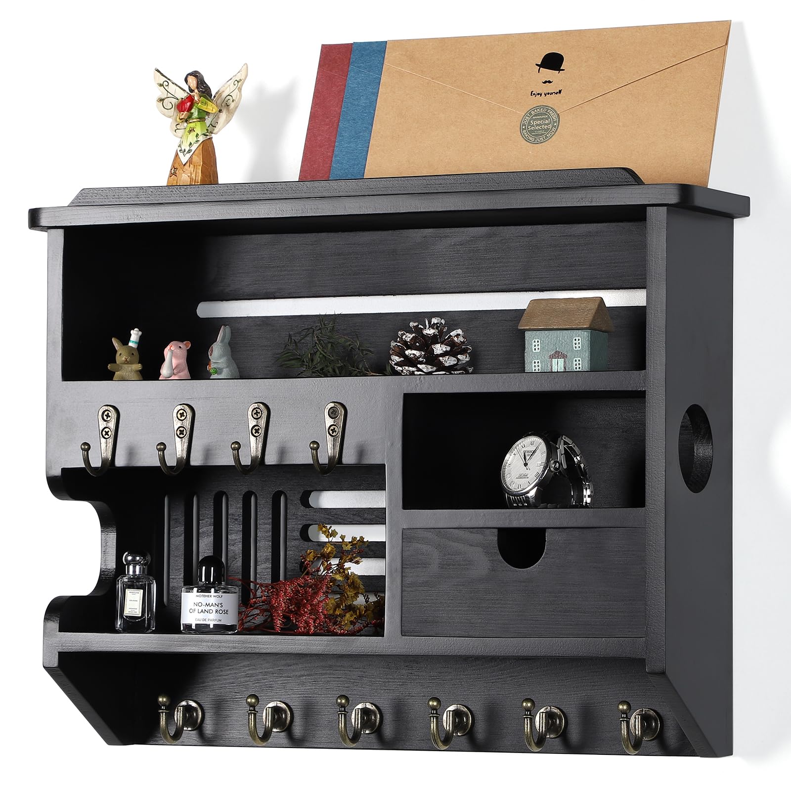 Soporte para llaves de pared, correo y llavero, organizador de correo con cajón de almacenamiento y 10 ganchos, soporte para llaves de fácil instalación para decoración del hogar, color negro