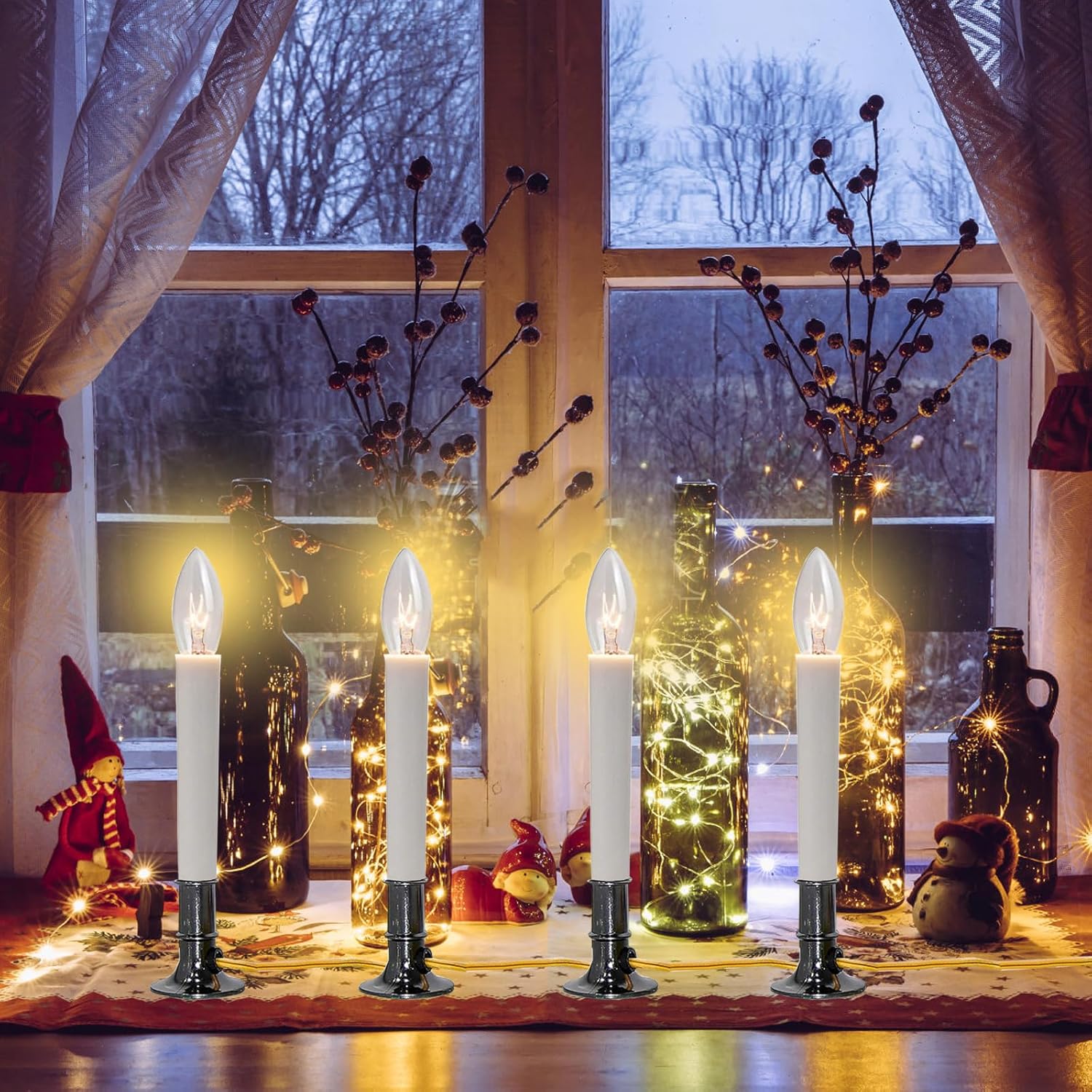4 Pack Electric Window Candle Lamp with Pewter Plated Base, Christmas Window Candle Light On/Off Switch C26 7 Watt Bulb for Home Decor Holiday Party Christmas