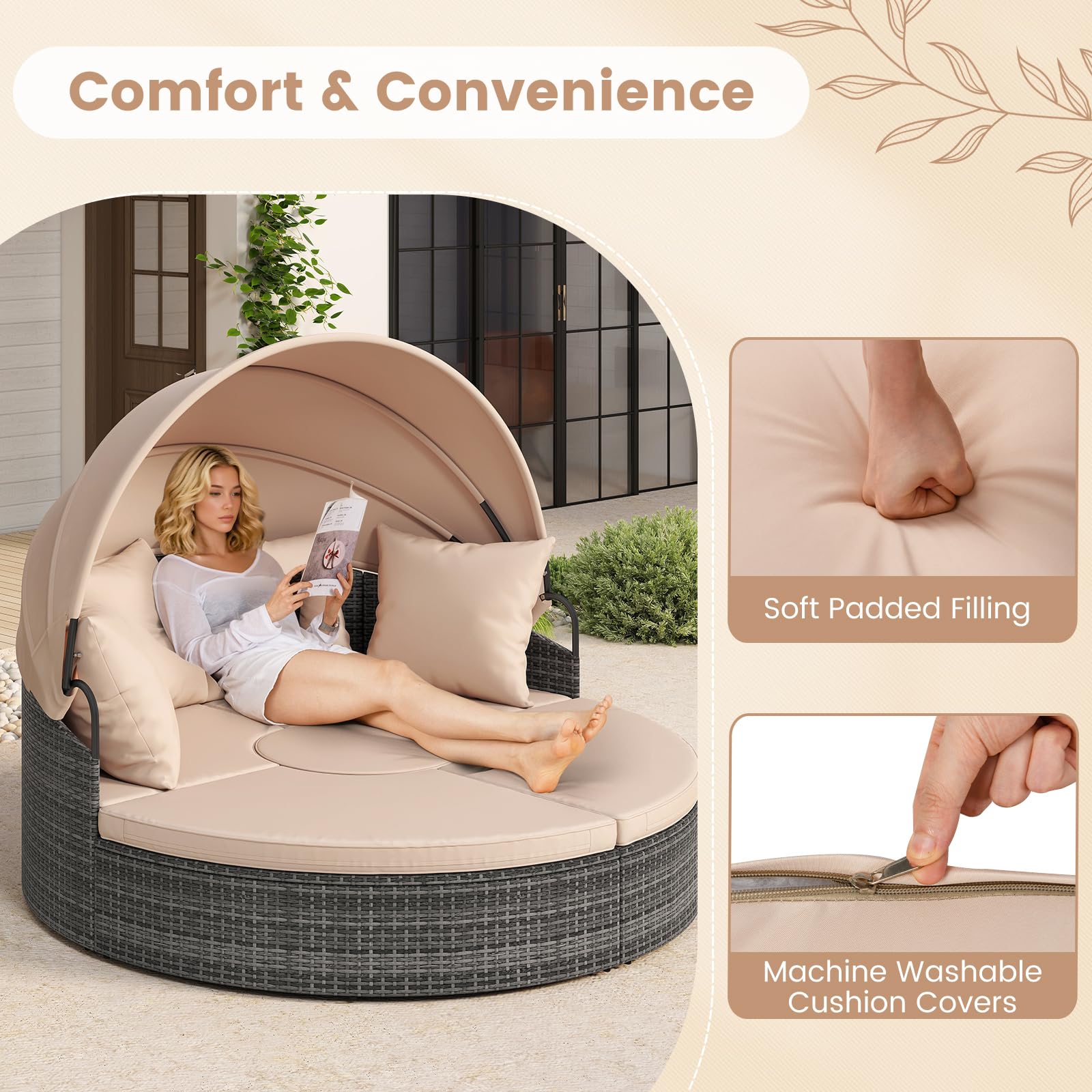 LIFEZEAL Isola Prendisole, Rattan Intrecciato a Mano, Componibile, Letto con Tettuccio Parasole Regolabile da Giardino Esterno, Salttto con Divani, Tavolino, Cuscini, Balcone, Mare, Piscina (beige)