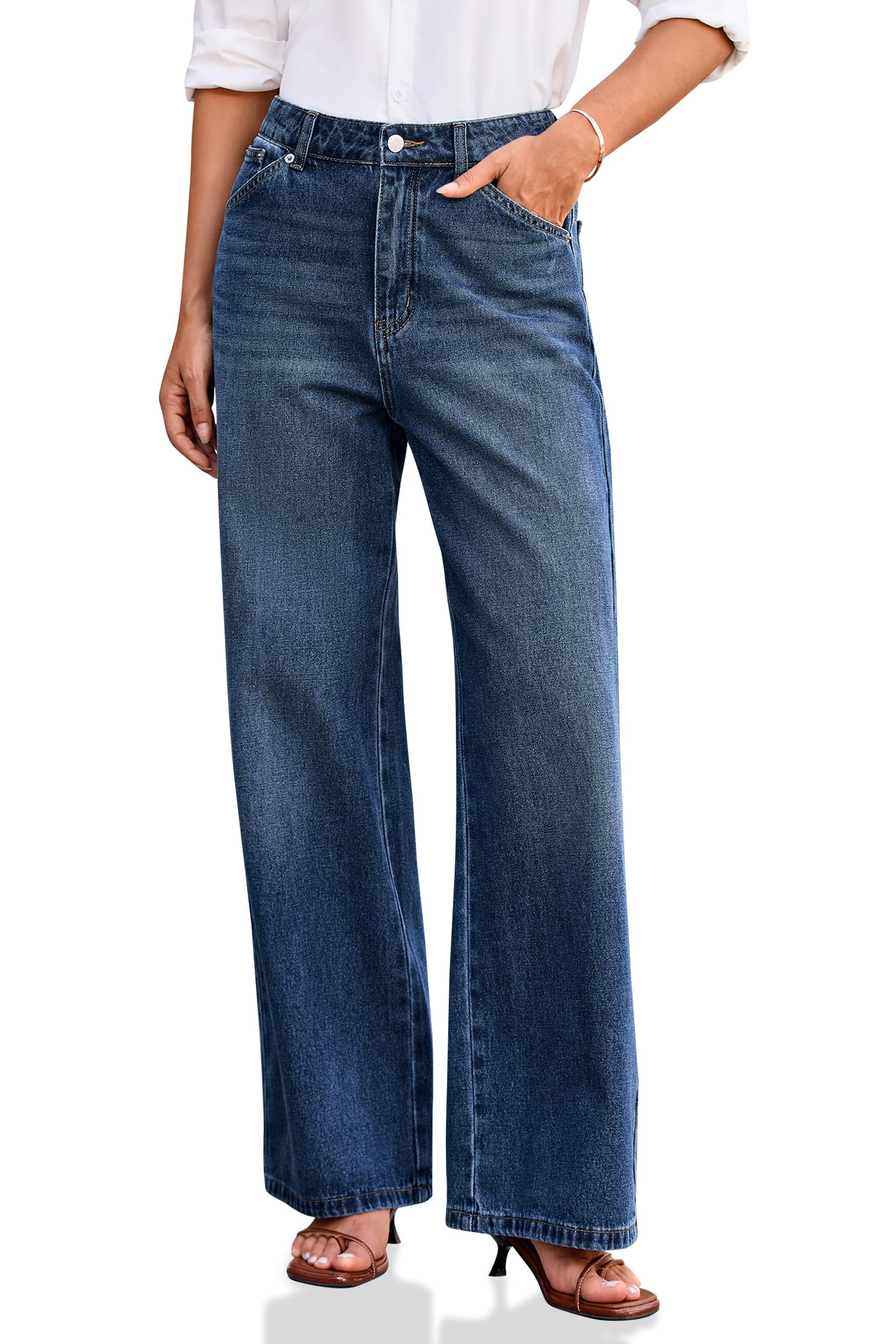 Cicy Bell Damen Jeans Baggy Weitem Bein Jeanshosen Mittlere Taille Denim Boyfriend Hosen mit Taschen