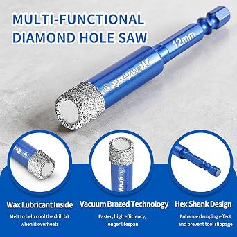 Greywolf 10 pcs Diamond Drill bit Set, Tile Drill bits, Suitable for Ceramic, Glass, Porcelain, Marble, and Granite in Drilling Holes, Hexagonal Shank Tile Drill bits with Cooling Wax, 5/6/8/10/12mm