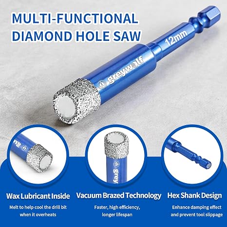 Greywolf 10 pcs Diamond Drill bit Set, Tile Drill bits, Suitable for Ceramic, Glass, Porcelain, Marble, and Granite in Drilling Holes, Hexagonal Shank Tile Drill bits with Cooling Wax, 5/6/8/10/12mm