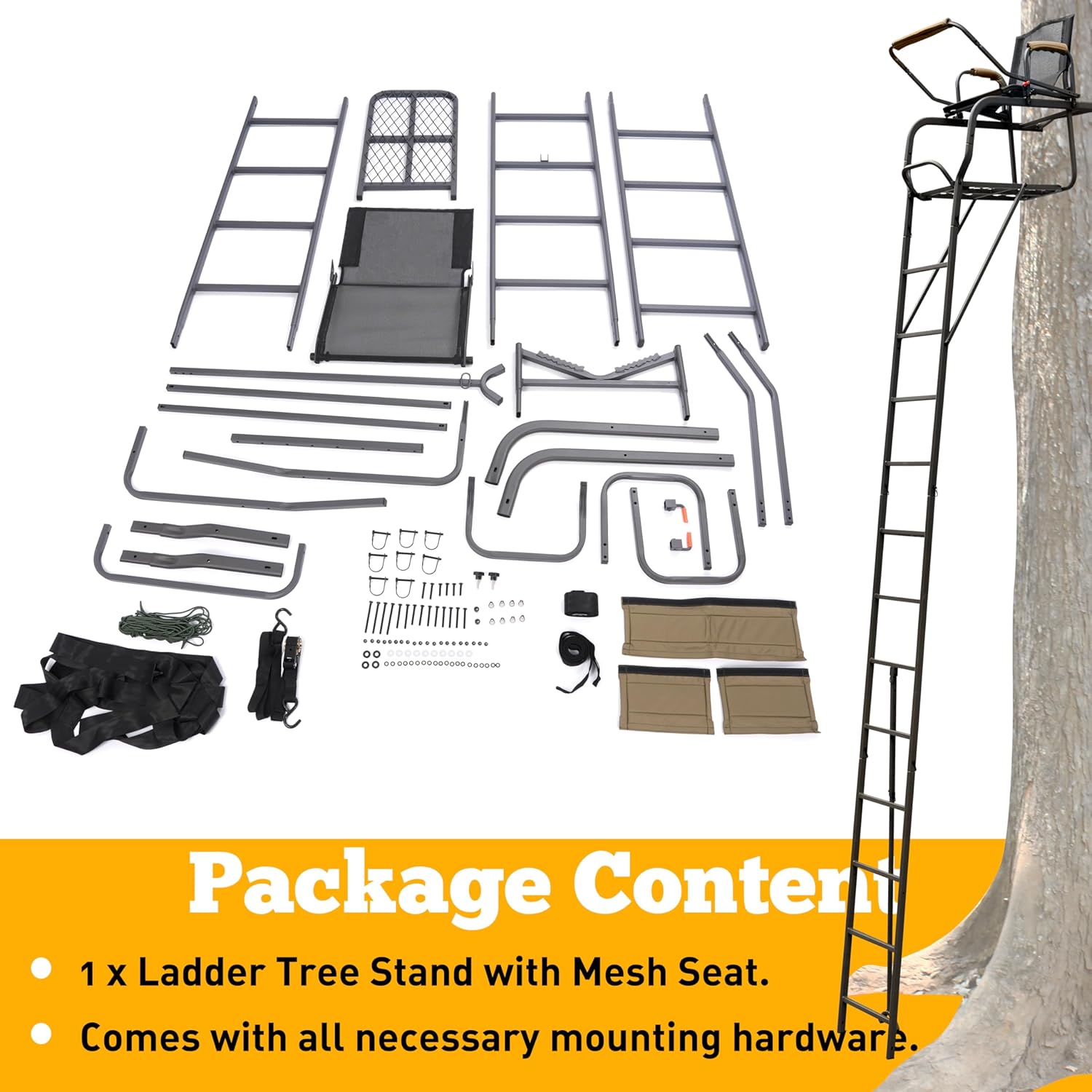 HECASA Ladder Tree Stand with Mesh Seat, 15.5' Climbing Equipment Accessories for Deer Hunting, Adjustable Shooting Rail, 300 LBS