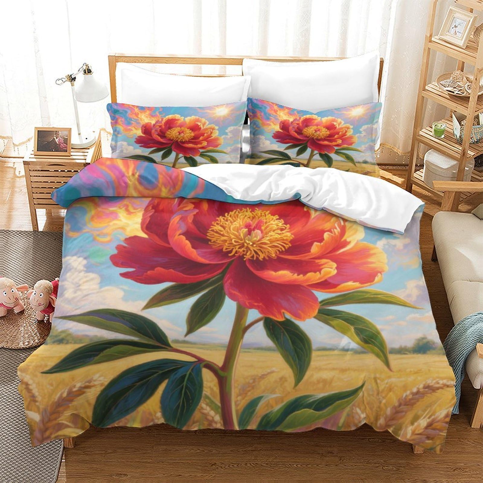 Parure de lit microfibre douce pivoine 3D confort super king