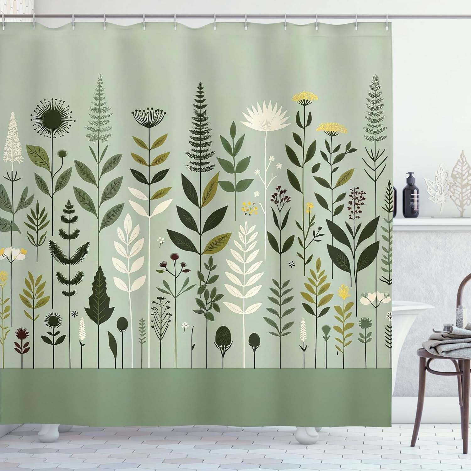 Ambesonne Monstera Shower Curtain, Depiction of a Botanical Garden in Scandinavian Style Monochromatic, Cloth Fabric Bathroom Decor Set with Hooks, 69" W x 84" L, Pale Green Coconut Fawn
