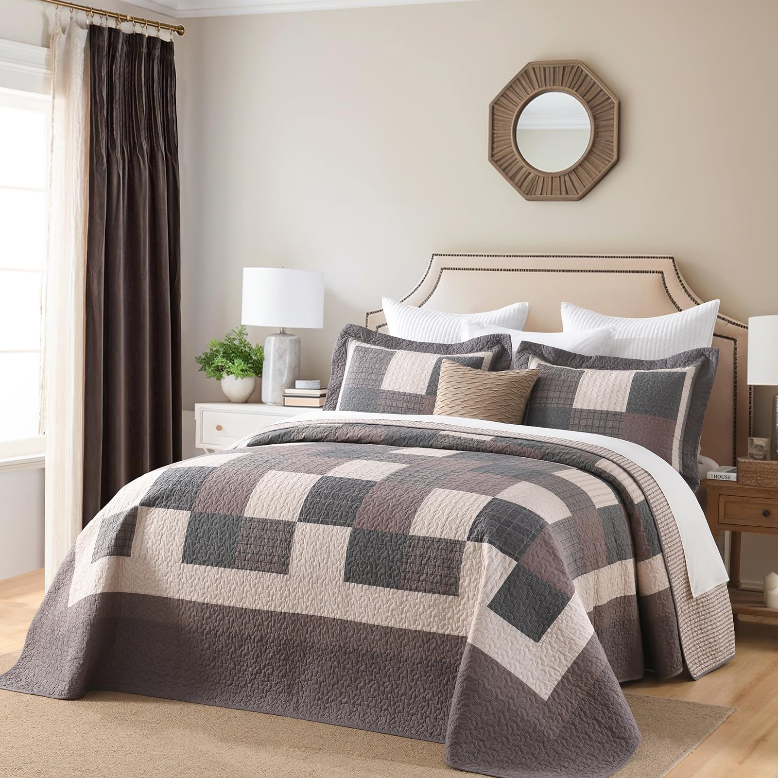 Soforpring 100% Cotton Bedspread California King Size - 120"x120" Brown Farmhouse Plaid Quilt Set with 2 Pillowshams, Soft and Lightweight Comforter