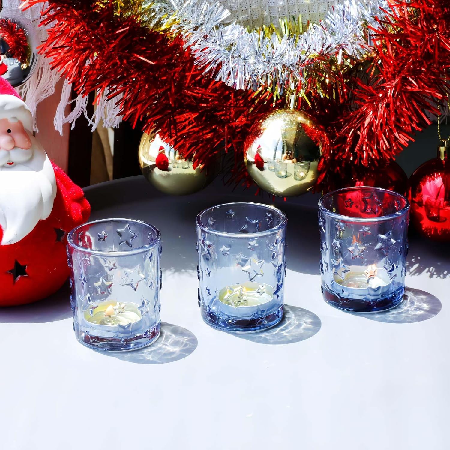 VOHO 24pcs Votive Candle Holders Star Embossed Glass, Blue Candle Holders Wedding Centerpieces for Tables, Glass Tealight Candle Holder for Thanksgiving, Halloween, Winter Holiday