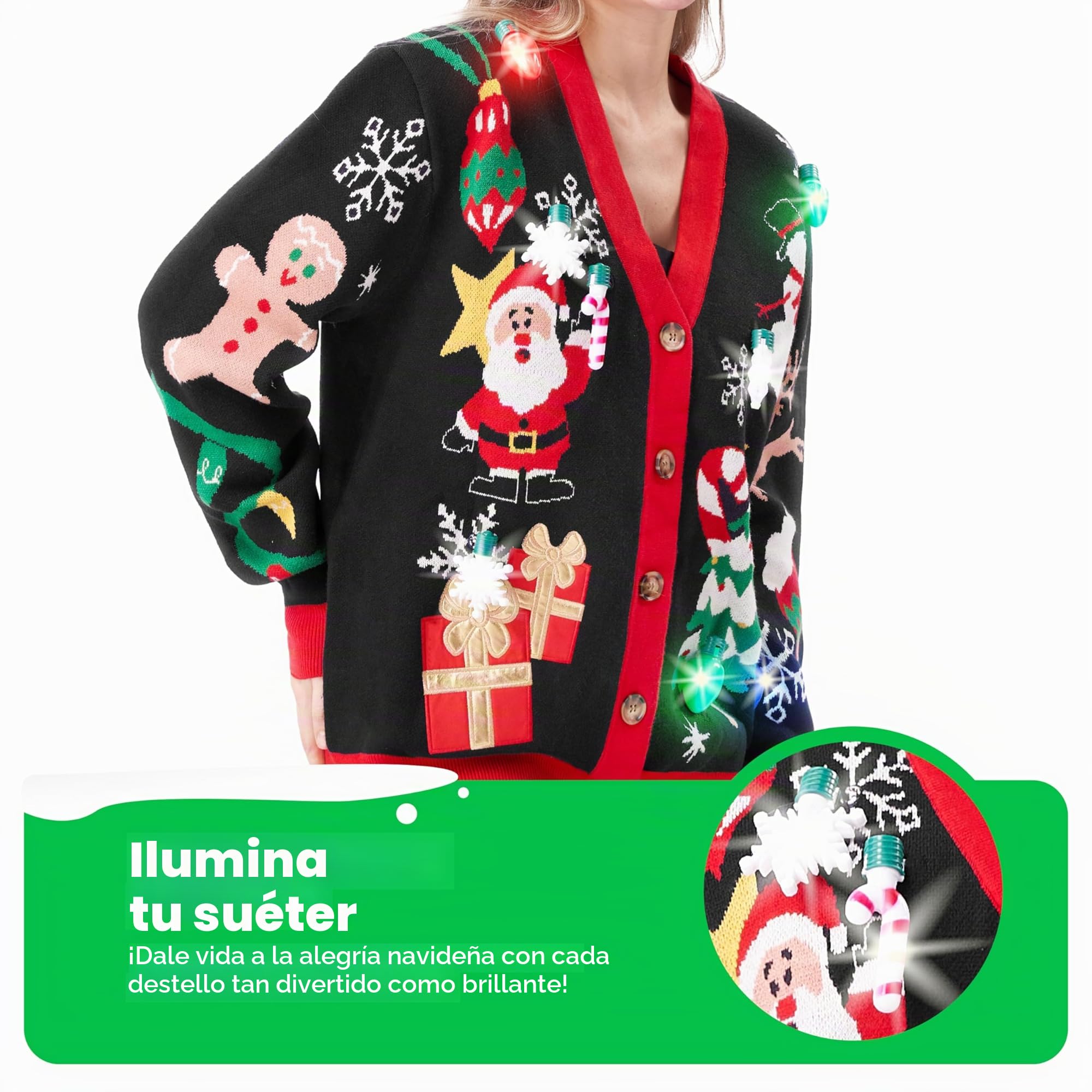 Giggling Getup - Cárdigan Feo para Mujer, suéter de Reno con luz navideña