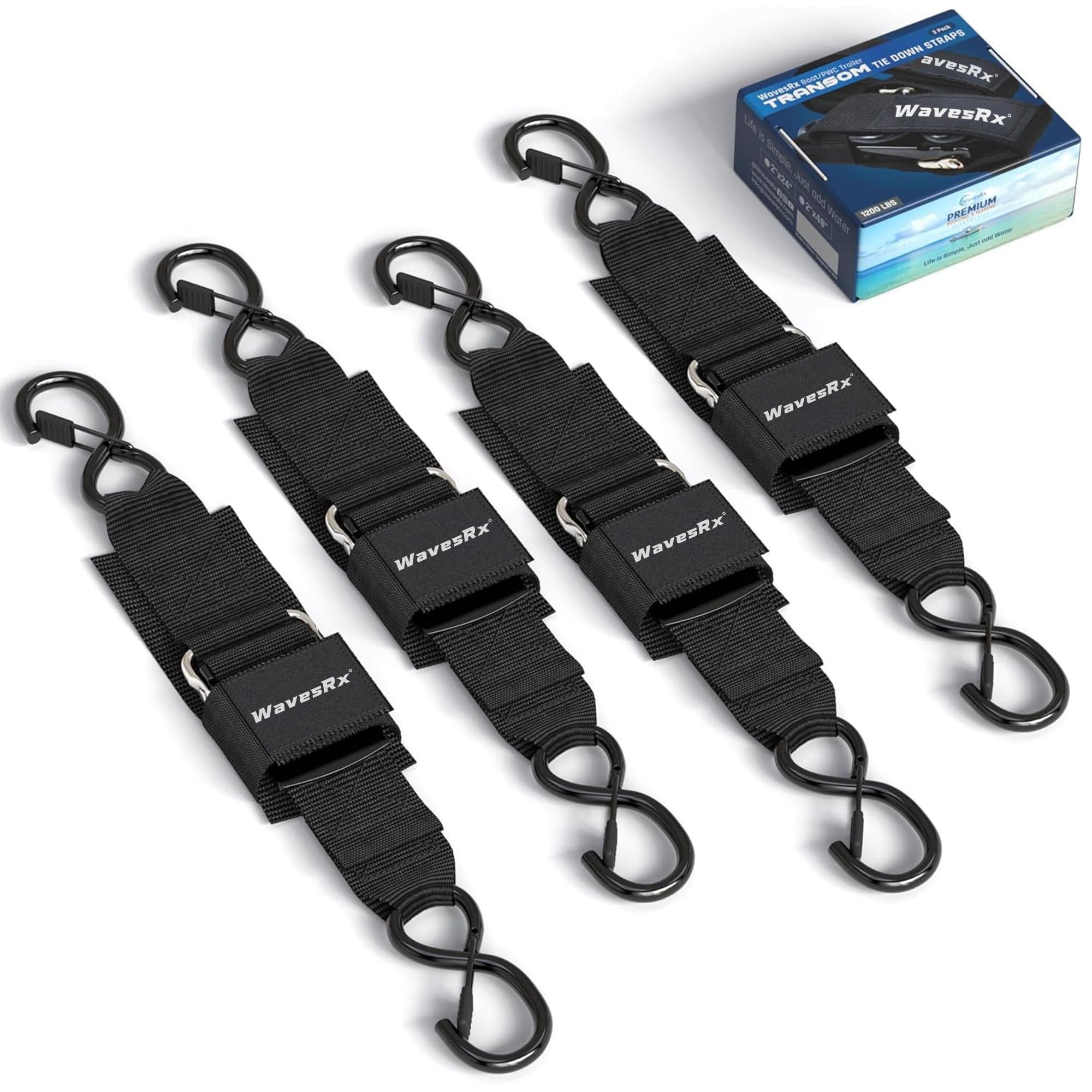 Jet Ski & PWC Boat Trailer Transom Straps (4PK) - 24" Tie Down Adjustable Boat Strap for Trailer - Outperforms Ratchet & Retractable Tie-Down Strap - Transom Tiedowns for Secure Transportation