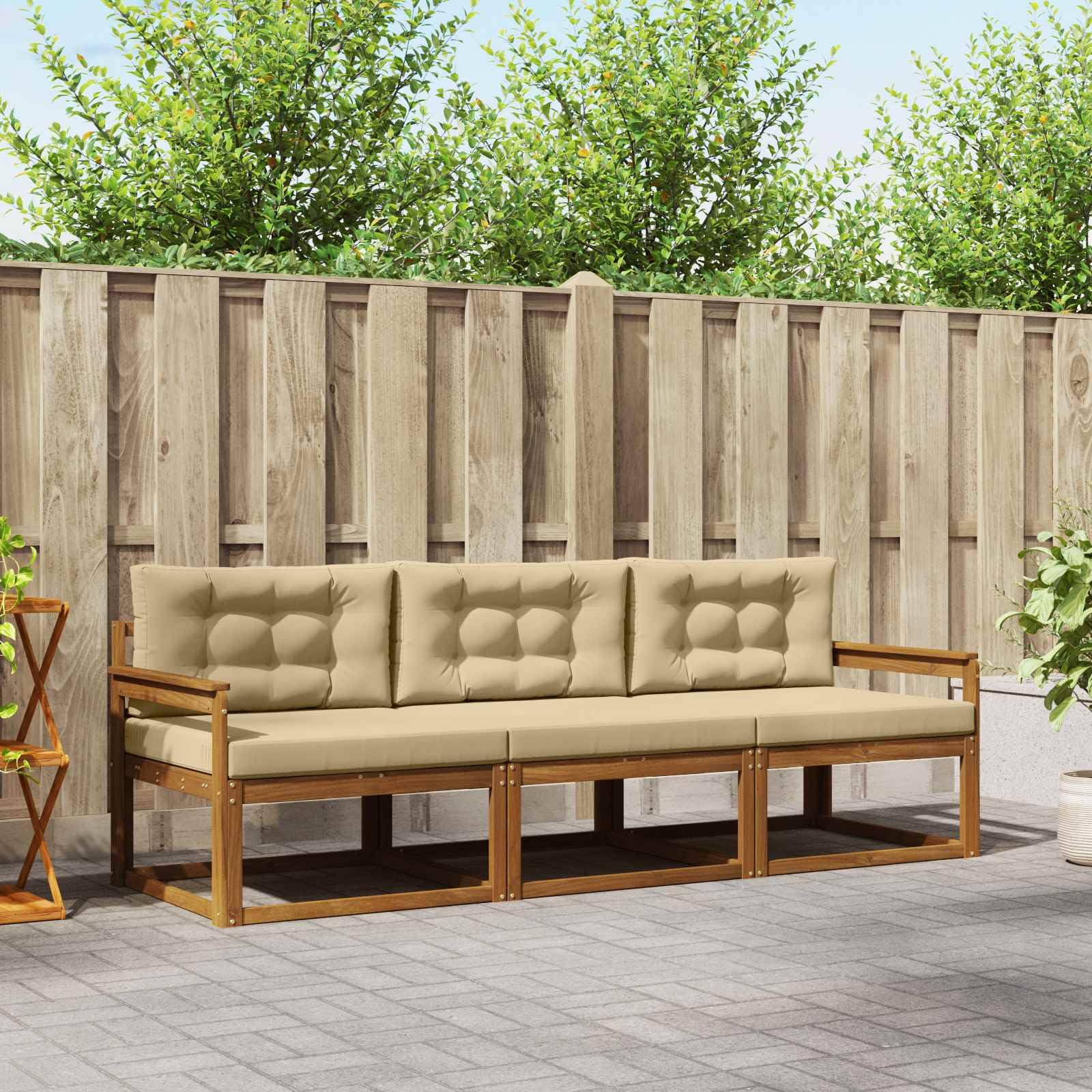 Outdoor-Sofagarnitur Set 3-teilig aus massivem Akazienholz mit Kissen in Natur und Beige, wetterfest, modulare Sitzgruppe für Garten Terrasse Balkon