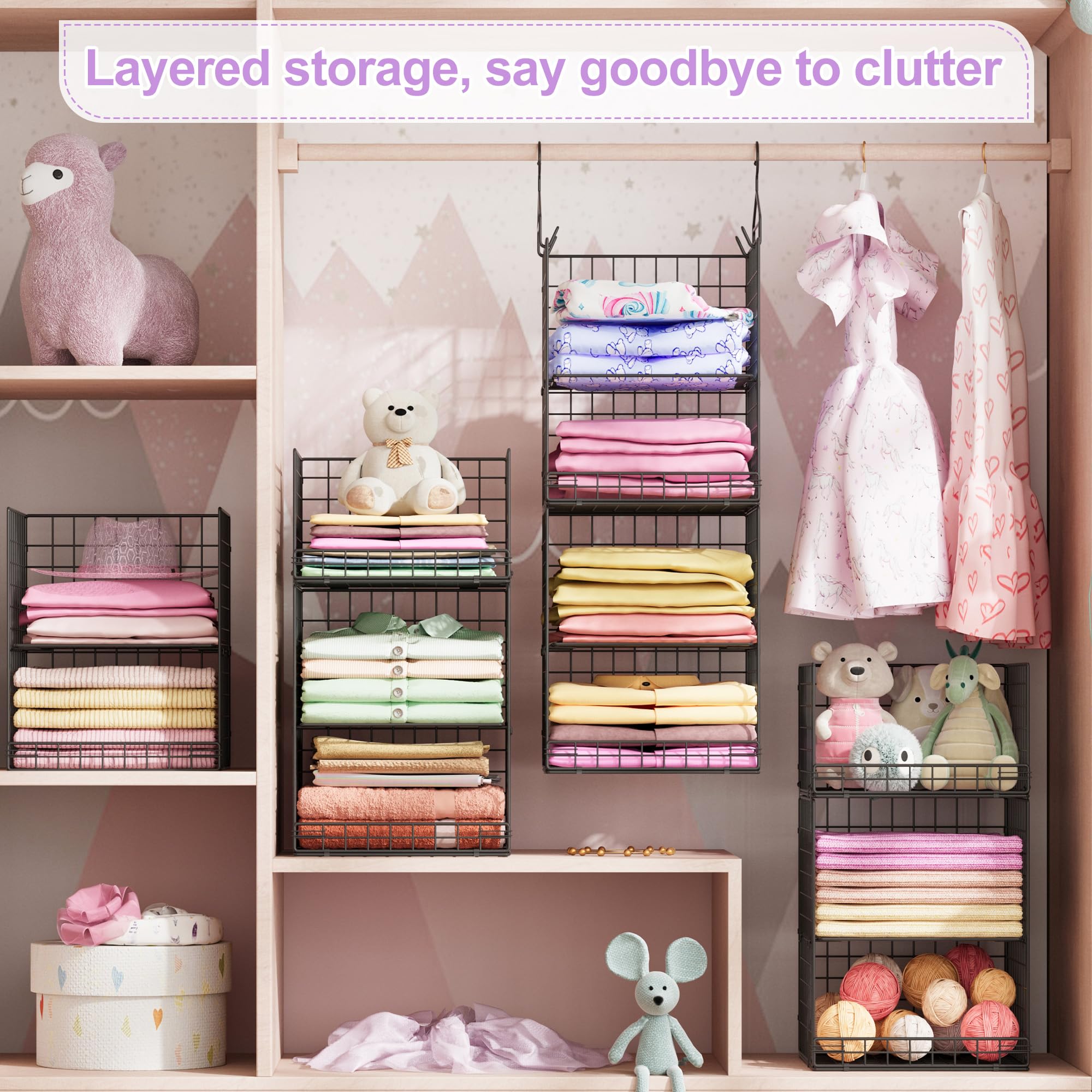 6 Tier Hanging Closet Organizers and Storage Stackable Hanging Closet Shelves with 4 Hooks 2 Adjustable Dividers, Wire Storage Basket Bins for Clothing Purse Sweaters Shoes Socks Dolls, Foldable: 5-Tier Black