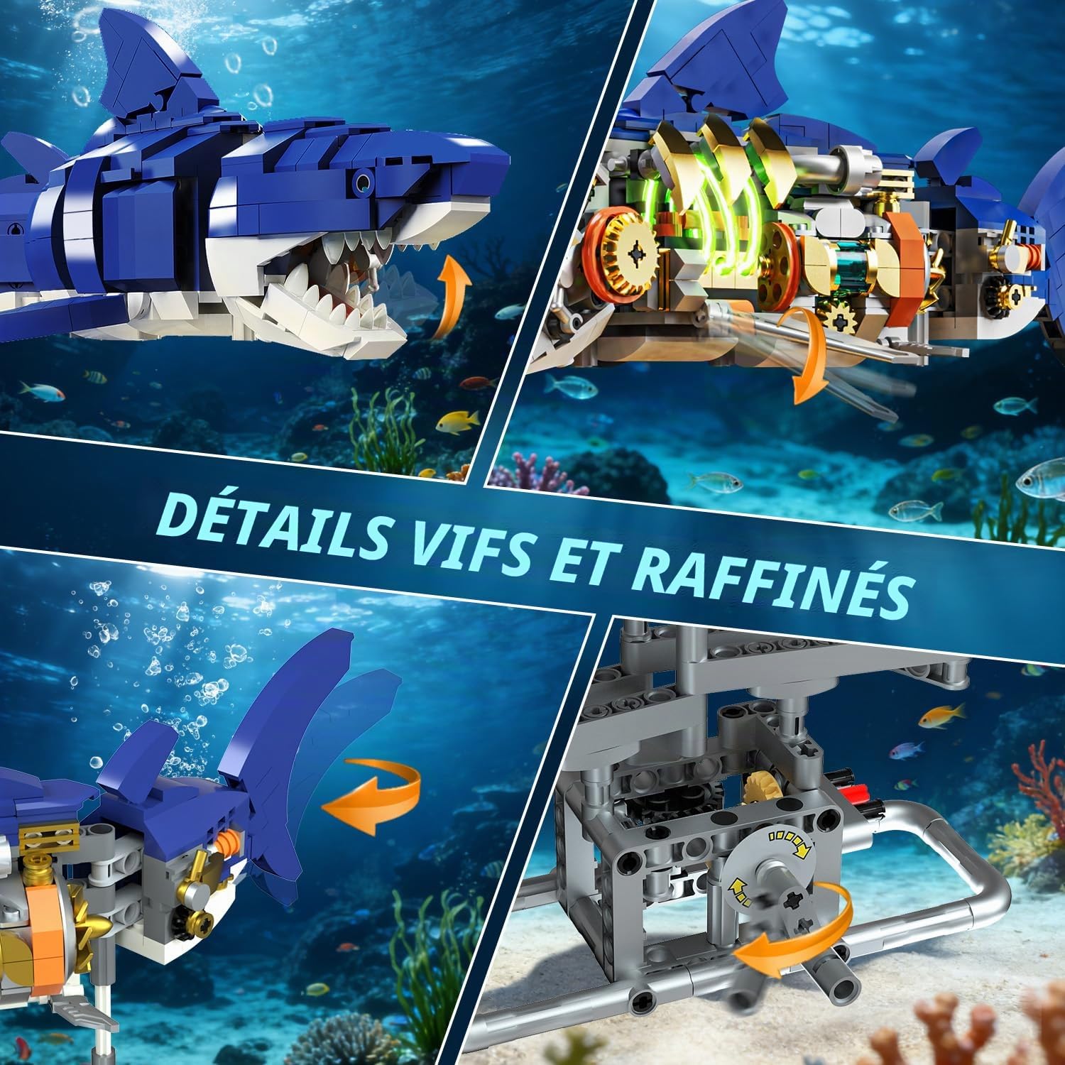 INSOON Ensemble de Construction mécanique en Forme de Requin avec lumière, 687 pièces d'animaux de l'océan Mobiles avec Support de présentation, Jouet de décoration d'intérieur pour Adultes