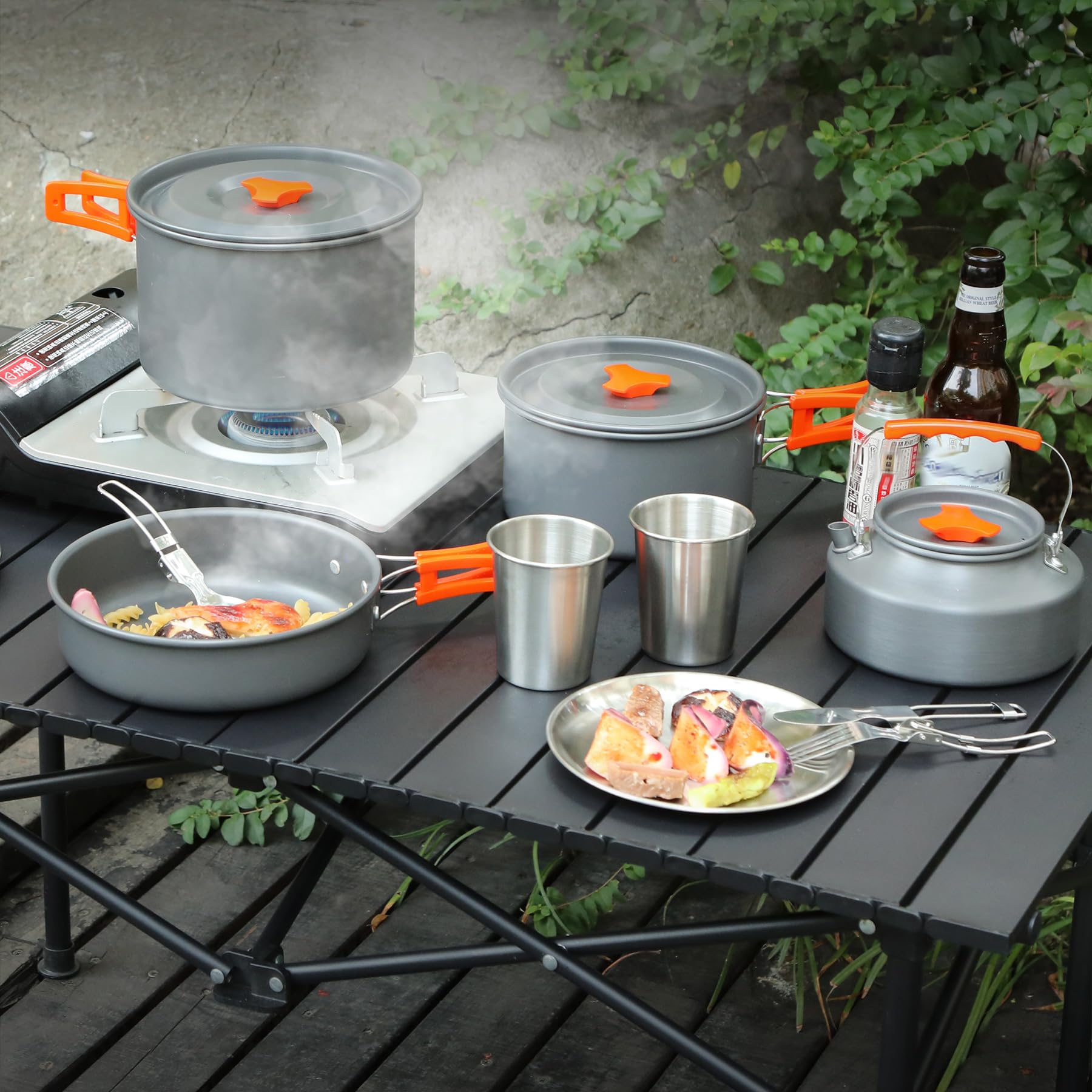 REDCAMP 12/14/15/19 PCS Camping Cookware Mess Kit Camping Gear Campfire Utensils Lightweight Stackable Pot Pan Bowls Soup Spoon with Storage Bag for Camping, Backpacking, Outdoor Cooking, Picnic