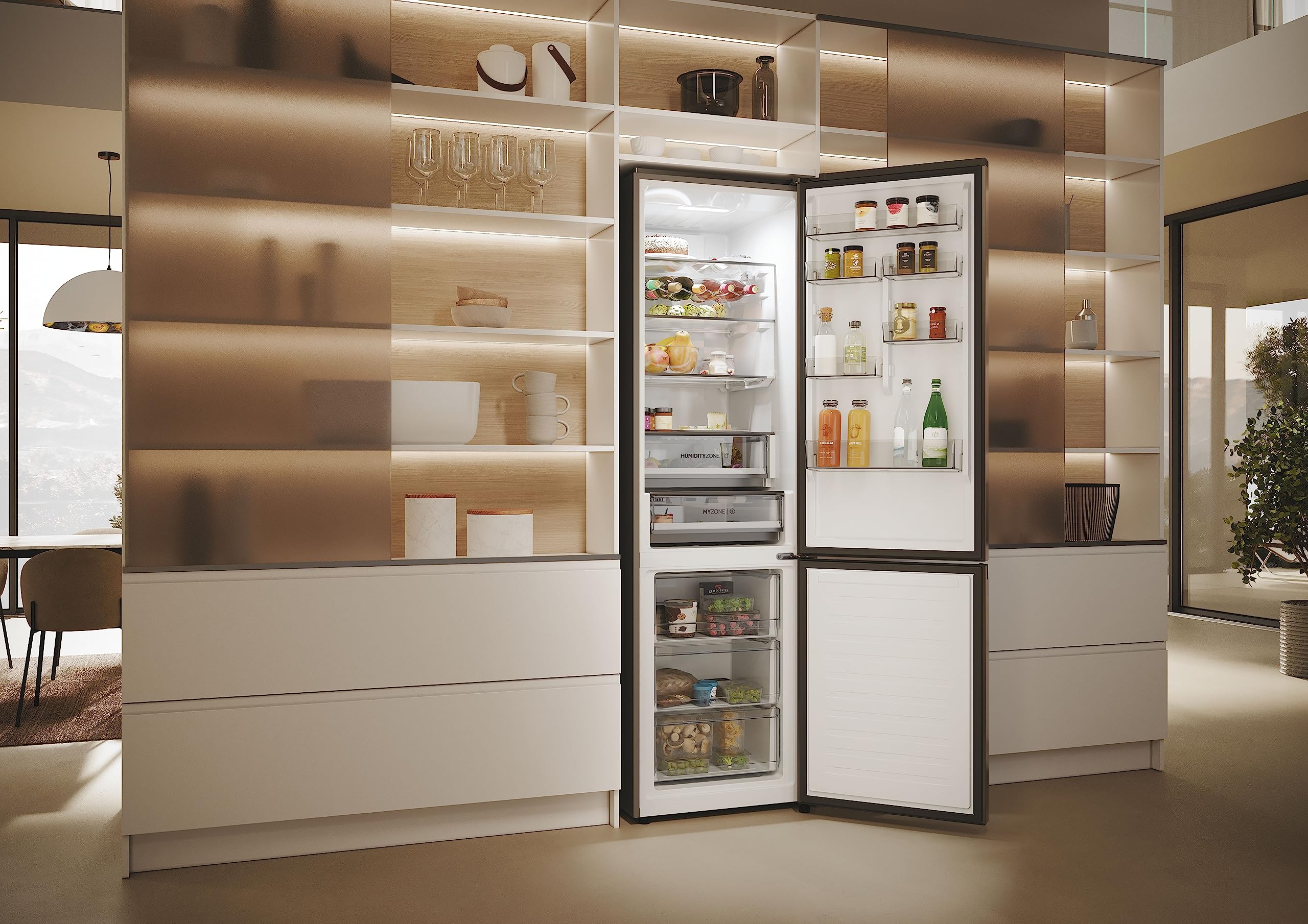 Haier 2D 60 Series 5 Pro HDPW5620ANPD Frigorífico Combi, 409L, WIFI, Motor Inverter, My Zone, Cajón Humidity Zone, Total No Frost, Ancho 59,5cm, Botellero Plegable, Luz LED, Inox oscuro