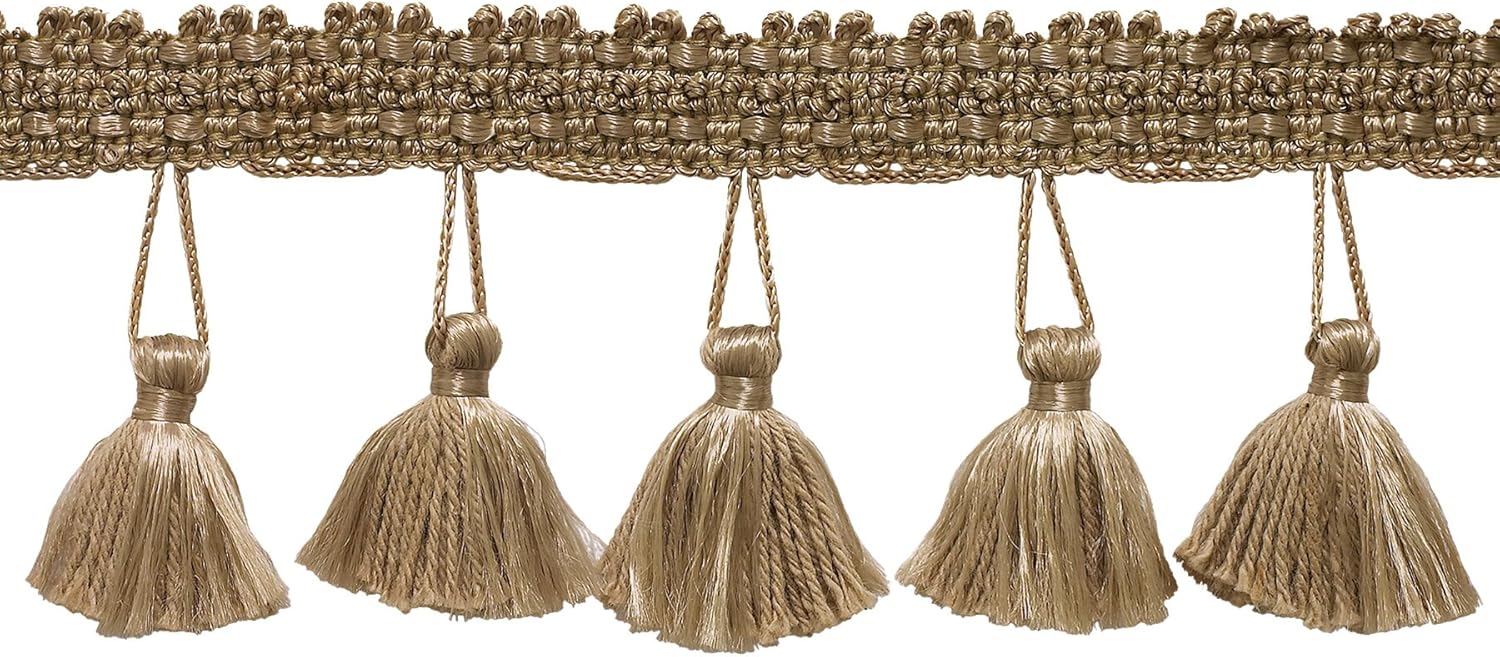 DÉCOPRO 2 1/2" (6cm) Long Solid Pretty Knitted Gimp Header Tassel Fringe Trim (Style# ETF) Dark Sand Beige #A8 (Grey Brown Beige) 10 Yards (30 ft/9.5m)