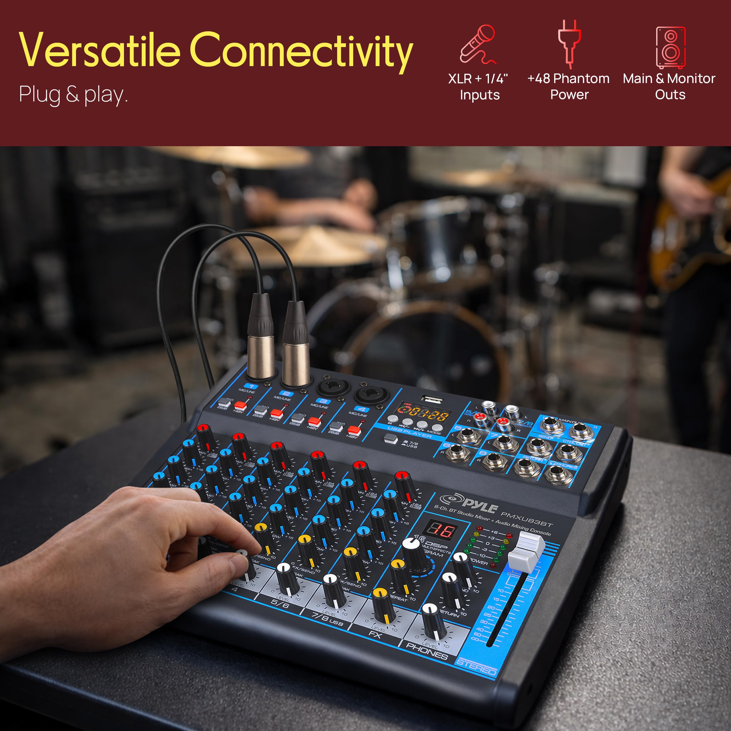 Pyle 8-CH Studio per mixer DJ [interfaccia audio per mixare sistema audio] wireless Bluetooth Streaming | USB/interfaccia connessione computer | Supporto | MP3 digitale + 48 V Phantom Power (pmxu83bt)