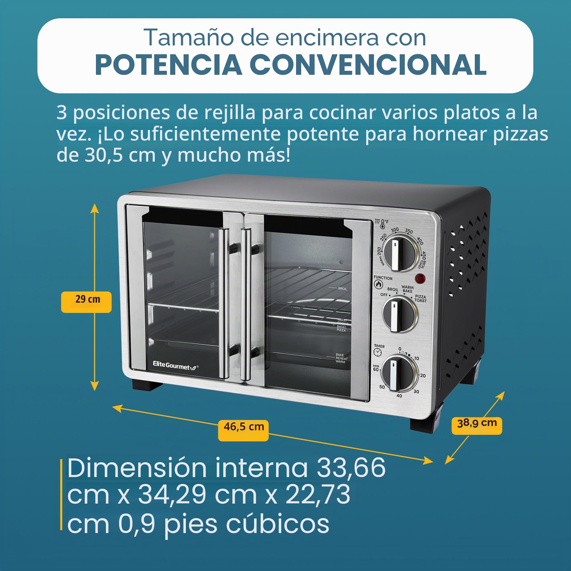 Elite Gourmet ETO2530M - Horno tostador de doble puerta francesa, hornear, asar, tostar, mantener el calor, se adapta a pizza de 12 pulgadas, capacidad de 25 l, acero inoxidable y negro